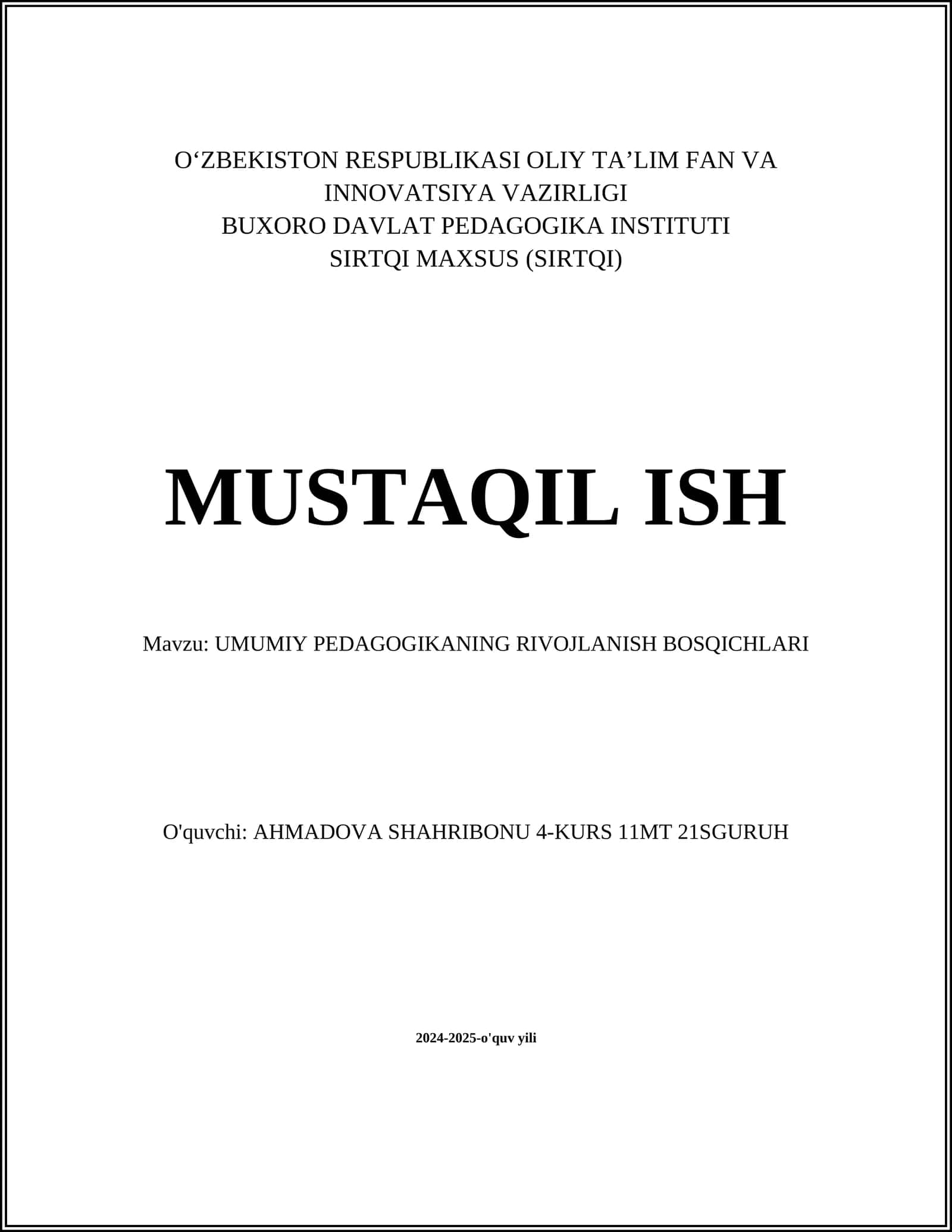 UMUMIY PEDAGOGIKANING RIVOJLANISH BOSQICHLARI