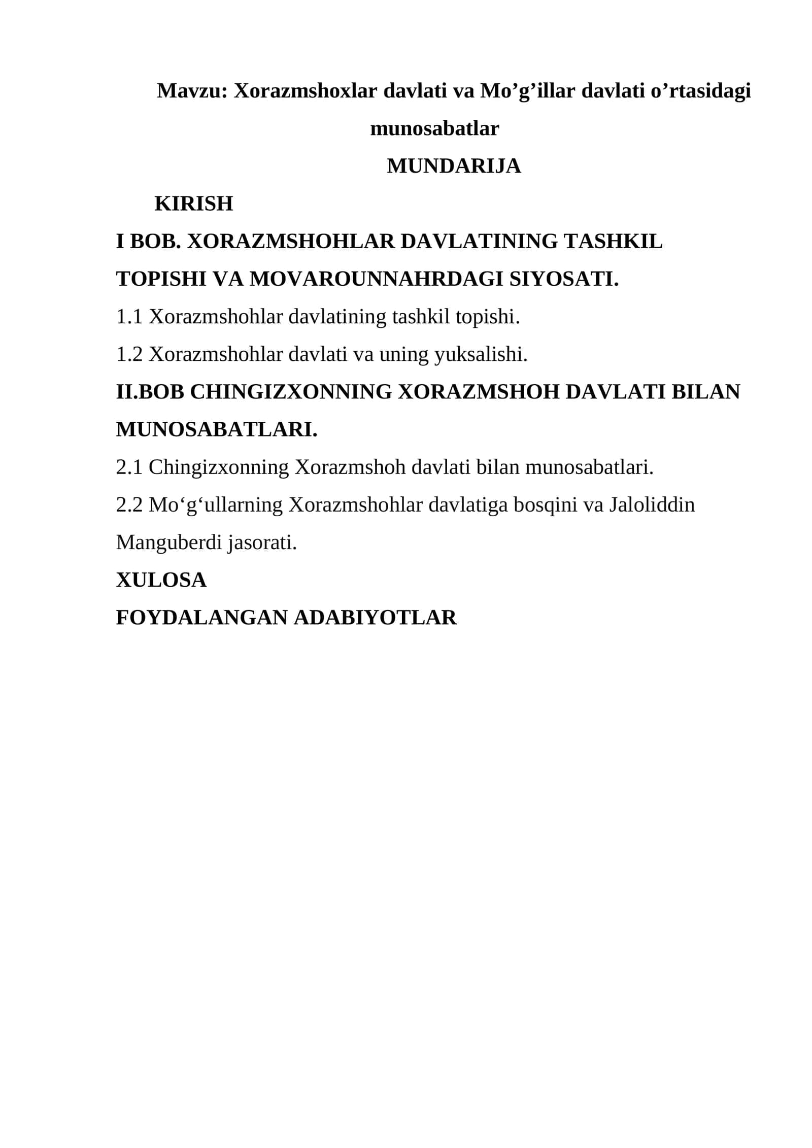Xorazmshoxlar davlati va Mo’g’illar davlati o’rtasidagi munosabatlar