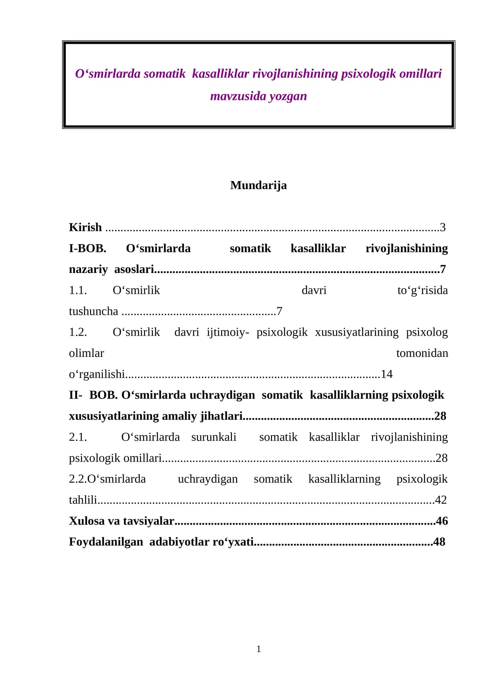 O‘smirlarda somatik kasalliklar rivojlanishining psixologik omillari