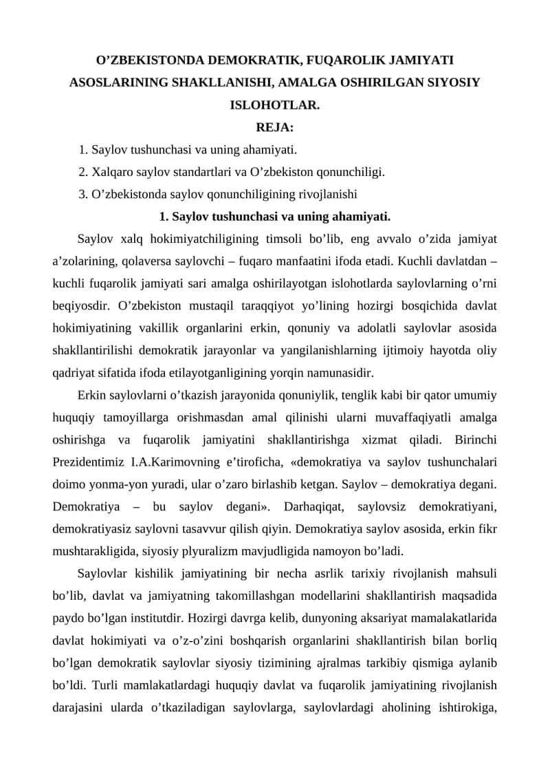 O’ZBEKISTONDА DEMOKRАTIK, FUQАROLIK JАMIYATI АSOSLАRINING SHАKLLАNISHI, АMАLGА OSHIRILGАN SIYOSIY ISLOHOTLАR.
