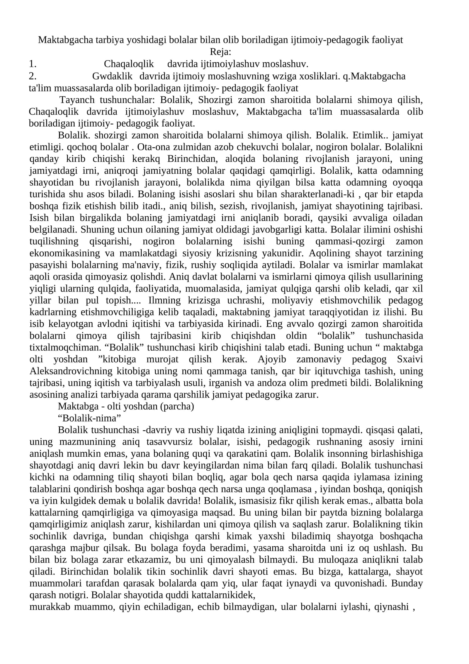Maktabgacha tarbiya yoshidagi bolalar bilan olib boriladigan ijtimoiy-pedagogik faoliyat