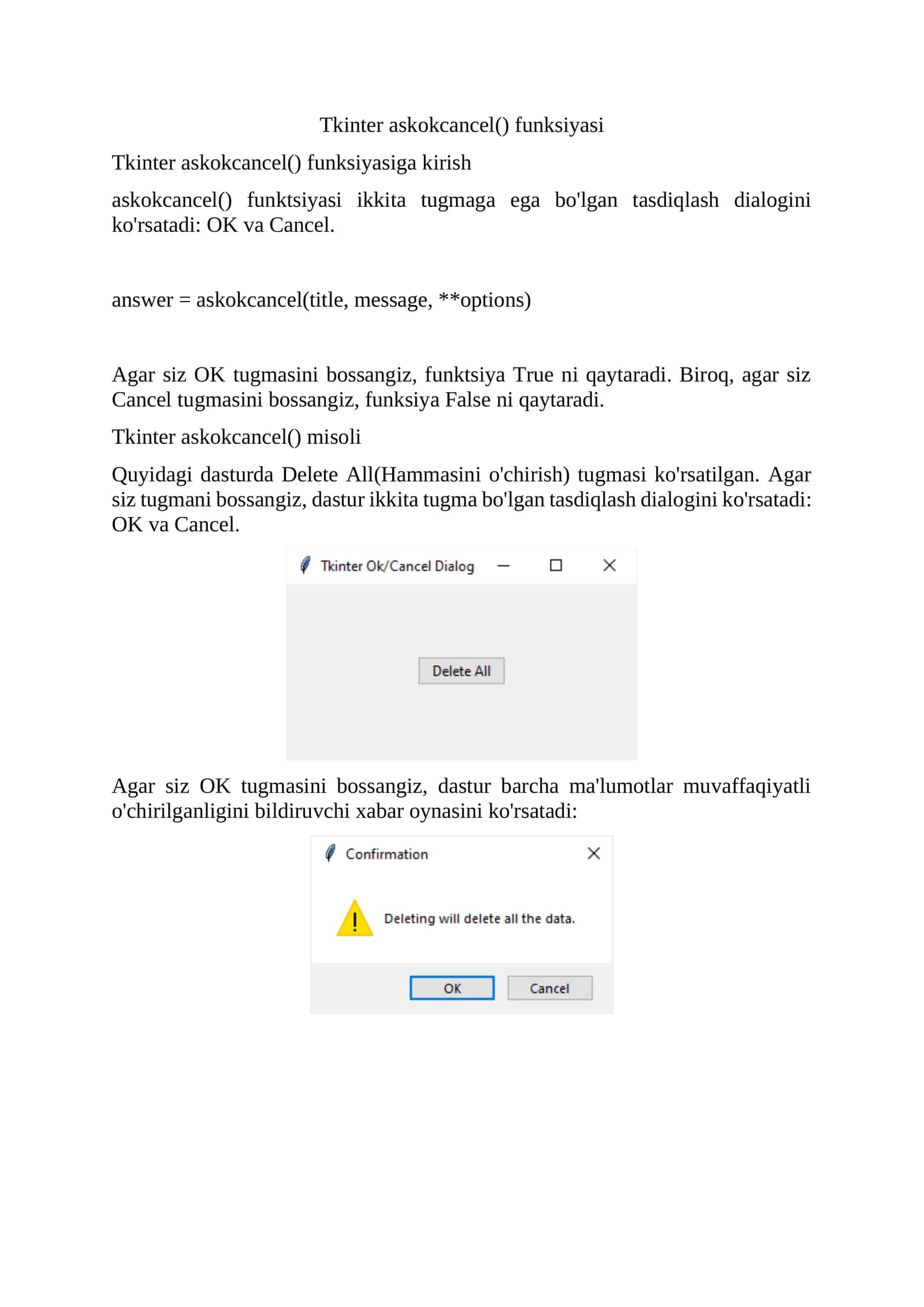 Tkinter askokcancel() funksiyasi