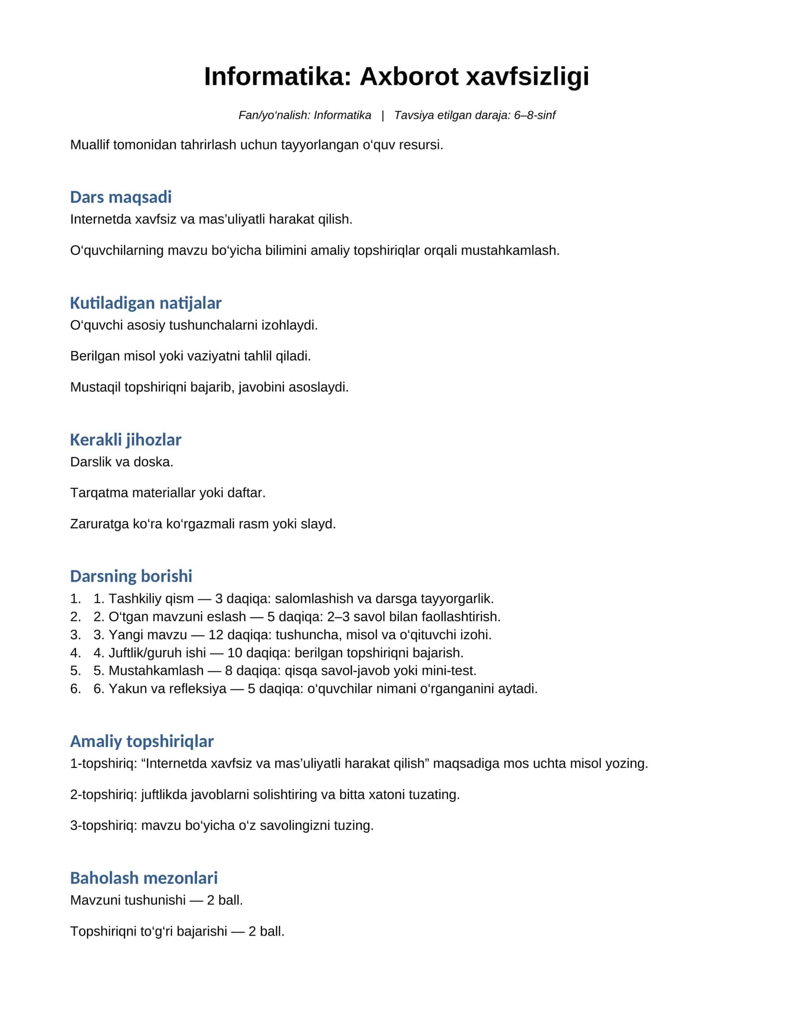 Informatika: Axborot xavfsizligi