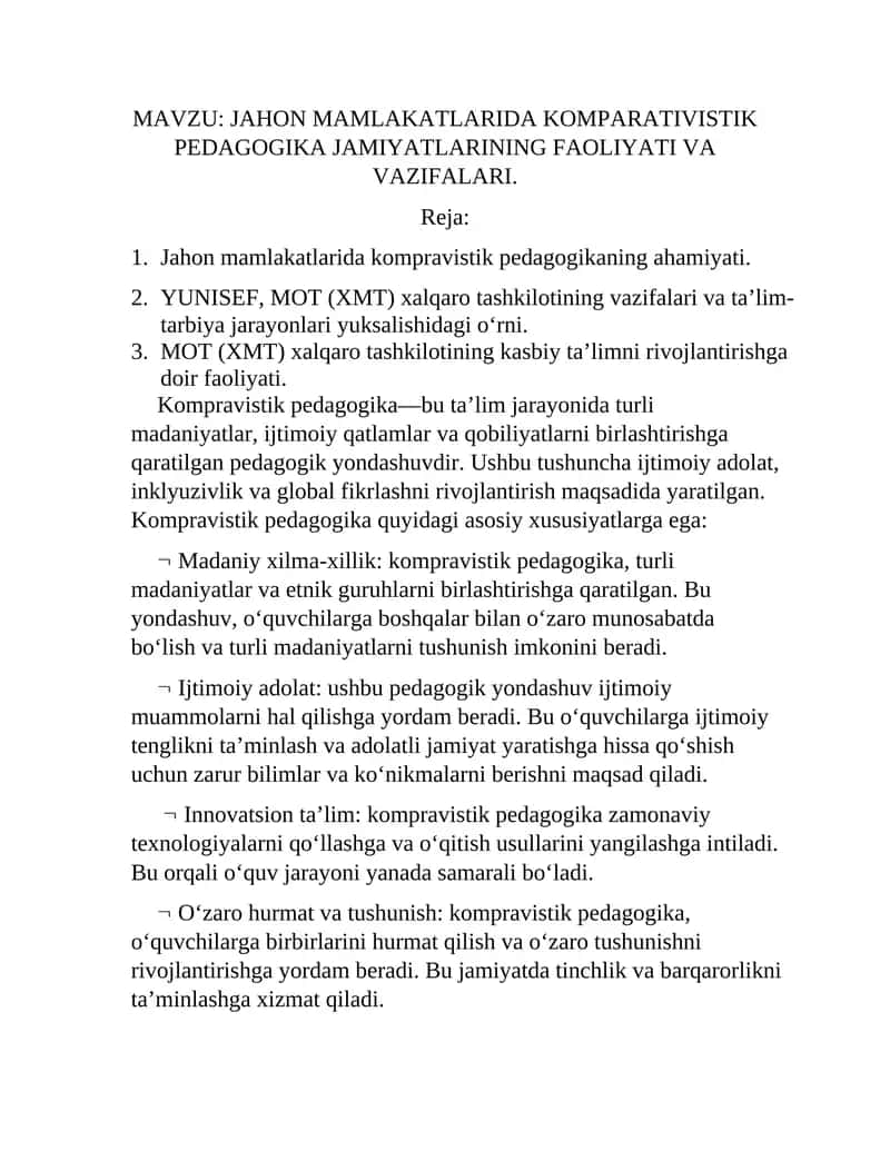 Komparativistik pedagogika. JAHON MAMLAKATLARIDA KOMPARATIVISTIK PEDAGOGIKA JAMIYATLARINING FAOLIYATI VA VAZIFALARI.
