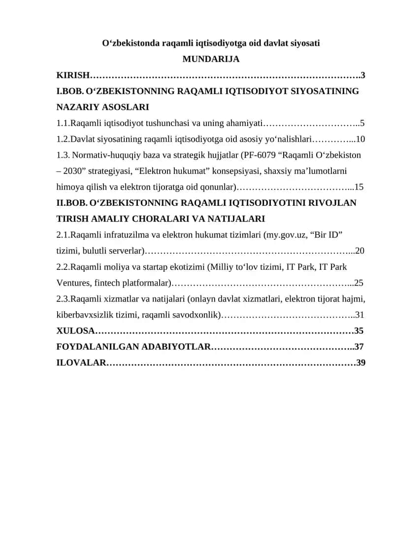 O‘zbekistonda raqamli iqtisodiyotga oid davlat siyosati