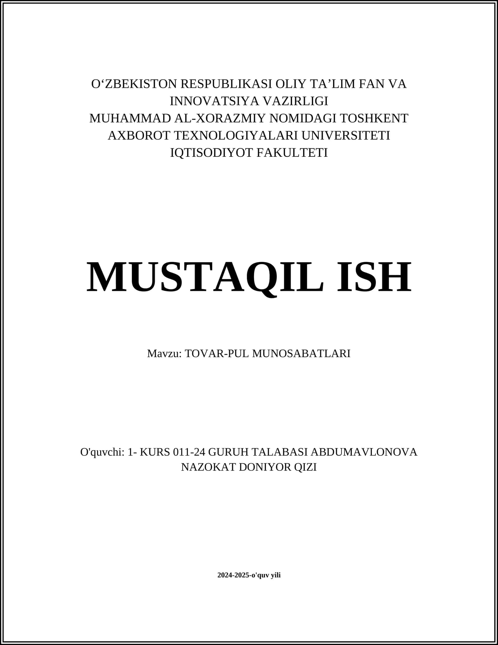 TOVAR-PUL MUNOSABATLARI