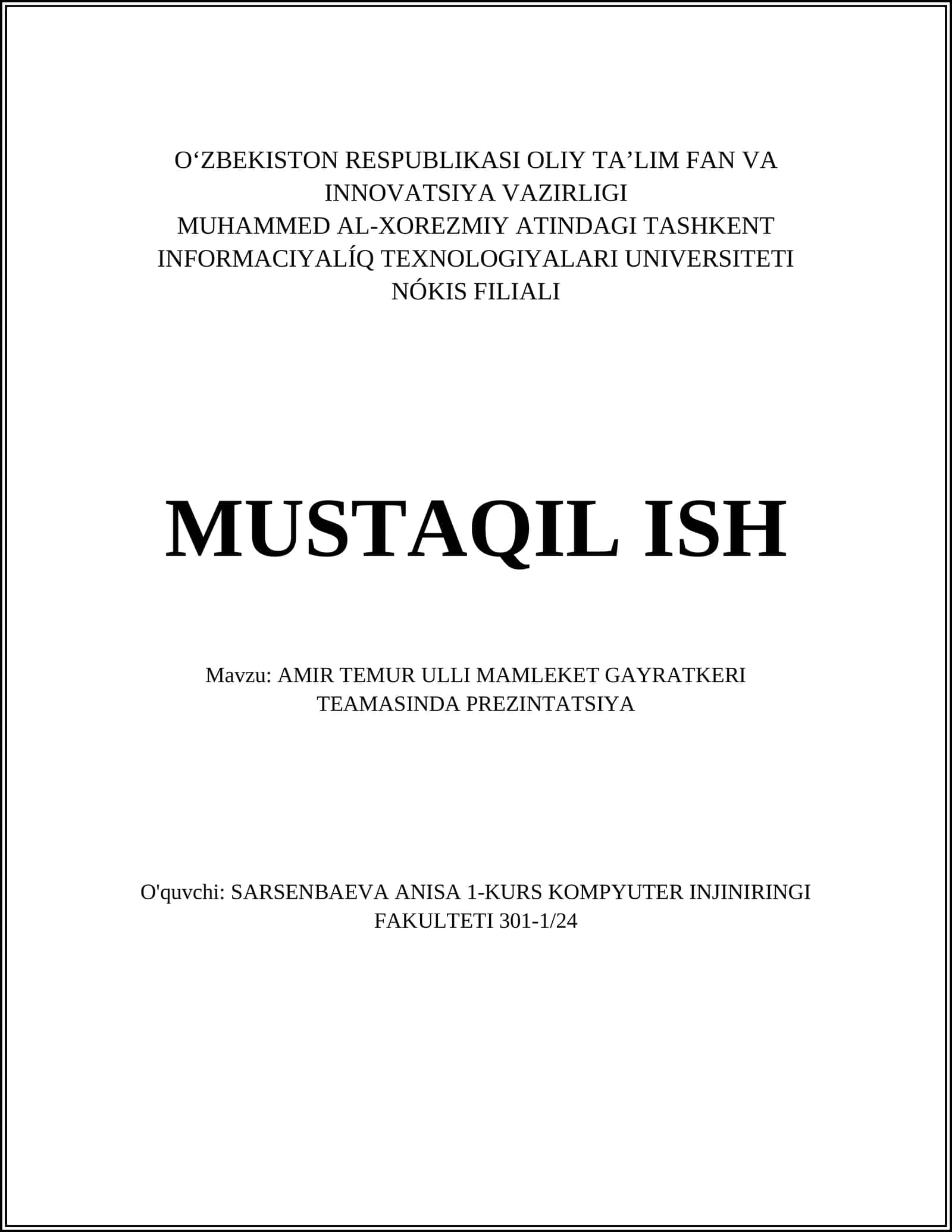 AMIR TEMUR ULLI MAMLEKET GAYRATKERI TEAMASINDA PREZINTATSIYA