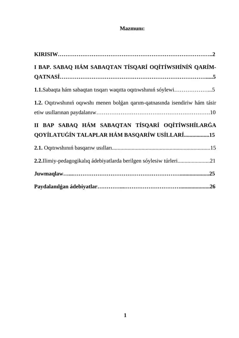 SABAQ HÁM SABAQTAN TÍSQARÍ OQÍTÍWSHÍNÍŃ QARÍM-QATNASÍ