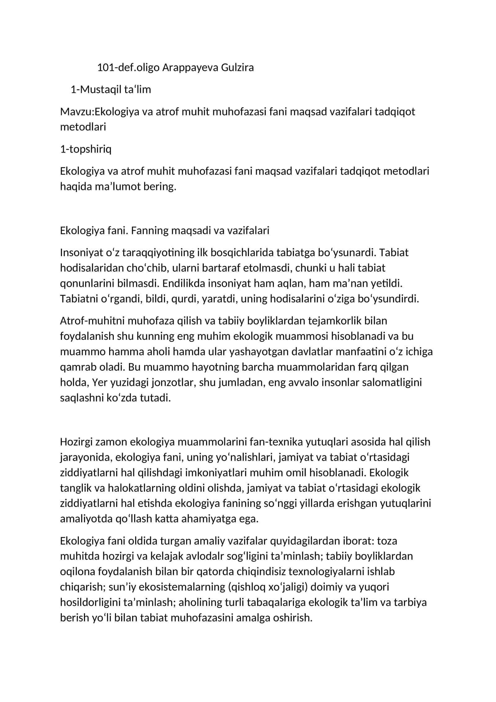 Ekologiya va atrof muhitni muhofaza qilih fanining rivojlanishi va asoslari