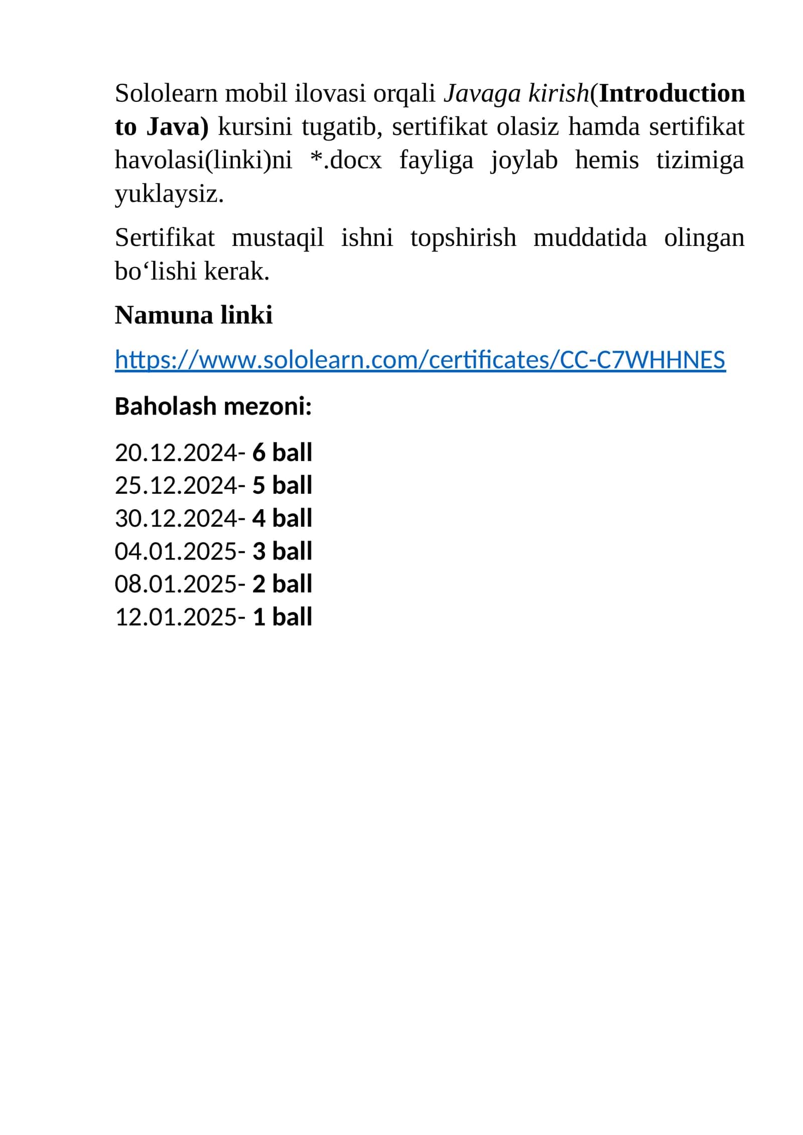 Javaga kirish(Introduction to Java) kursini tugatib, sertifikat olasiz