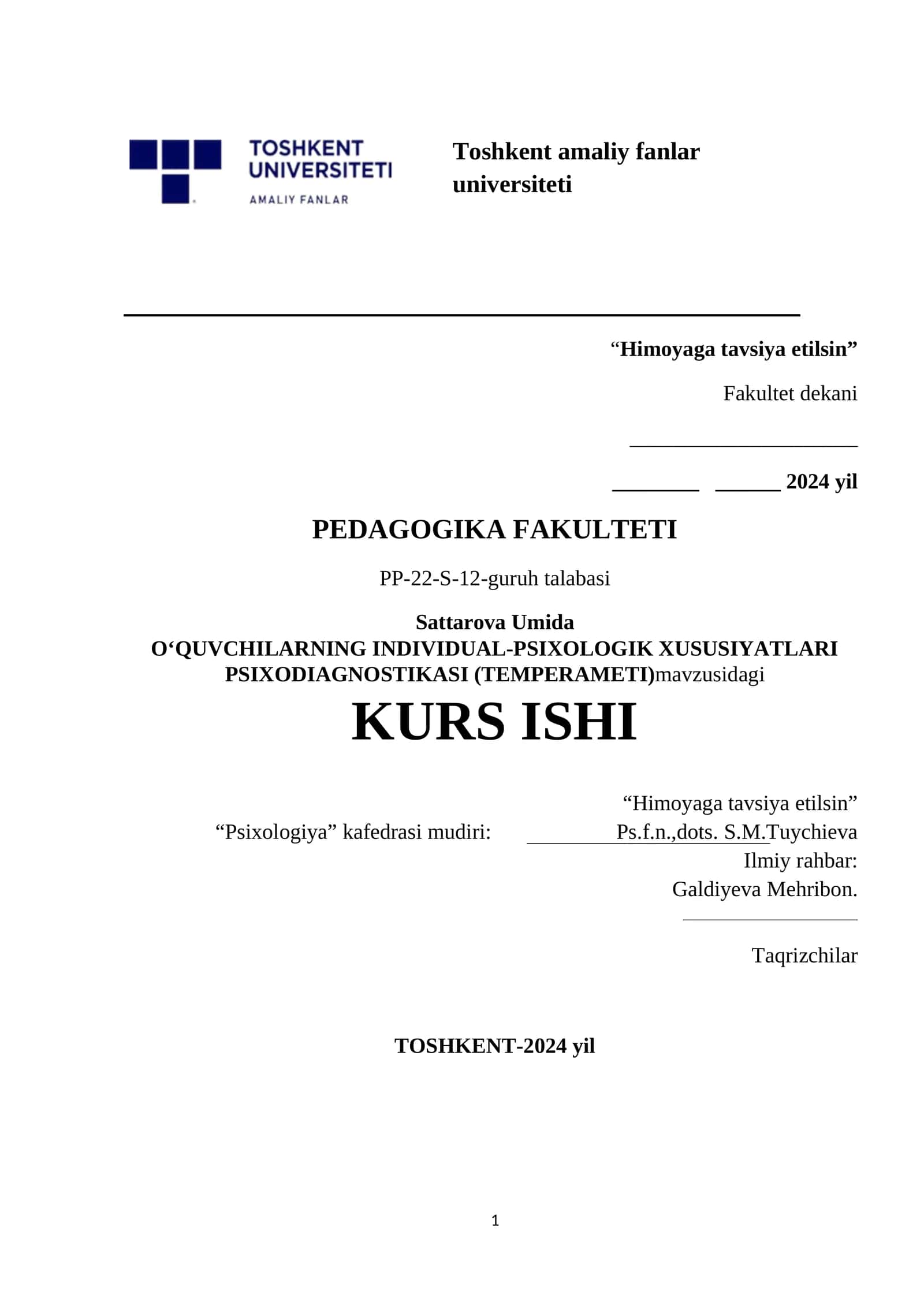 OʻQUVCHILARNING INDIVIDUAL-PSIXOLOGIK XUSUSIYATLARI PSIXODIAGNOSTIKASI (TEMPERAMETI)