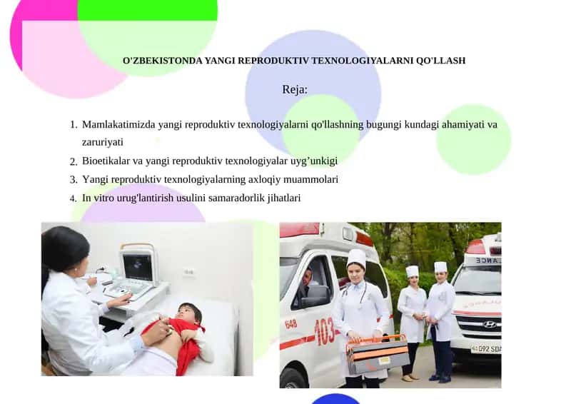 O'ZBEKISTONDA YANGI REPRODUKTIV TEXNOLOGIYALARNI QO'LLASH