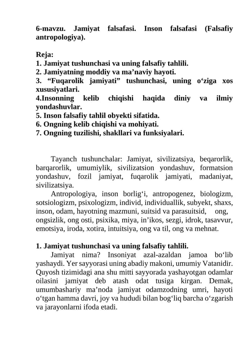 Jamiyat falsafasi. Inson falsafasi (Falsafiy antropologiya)