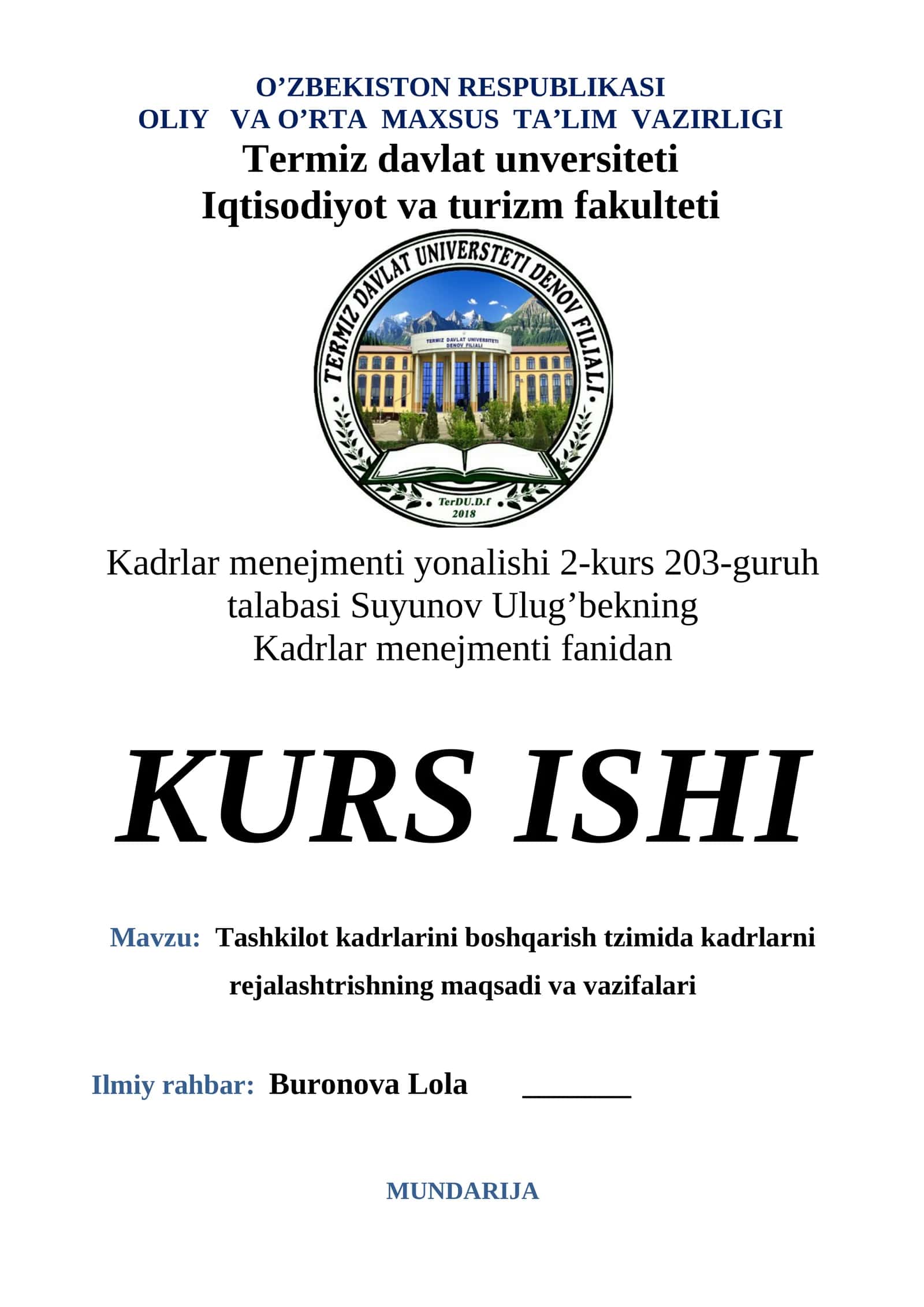 Kadrlar menejmenti yonalishi 2-kurs 203-guruh talabasi Suyunov Ulug’bekning