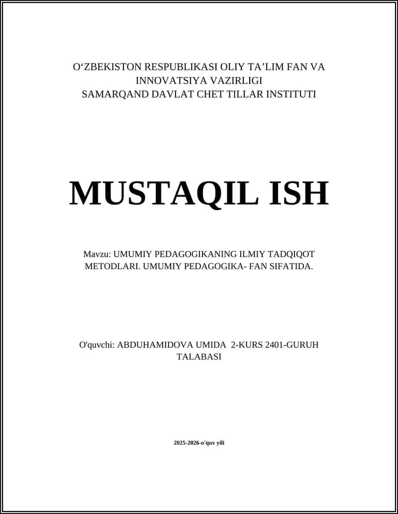 UMUMIY PEDAGOGIKANING ILMIY TADQIQOT METODLARI