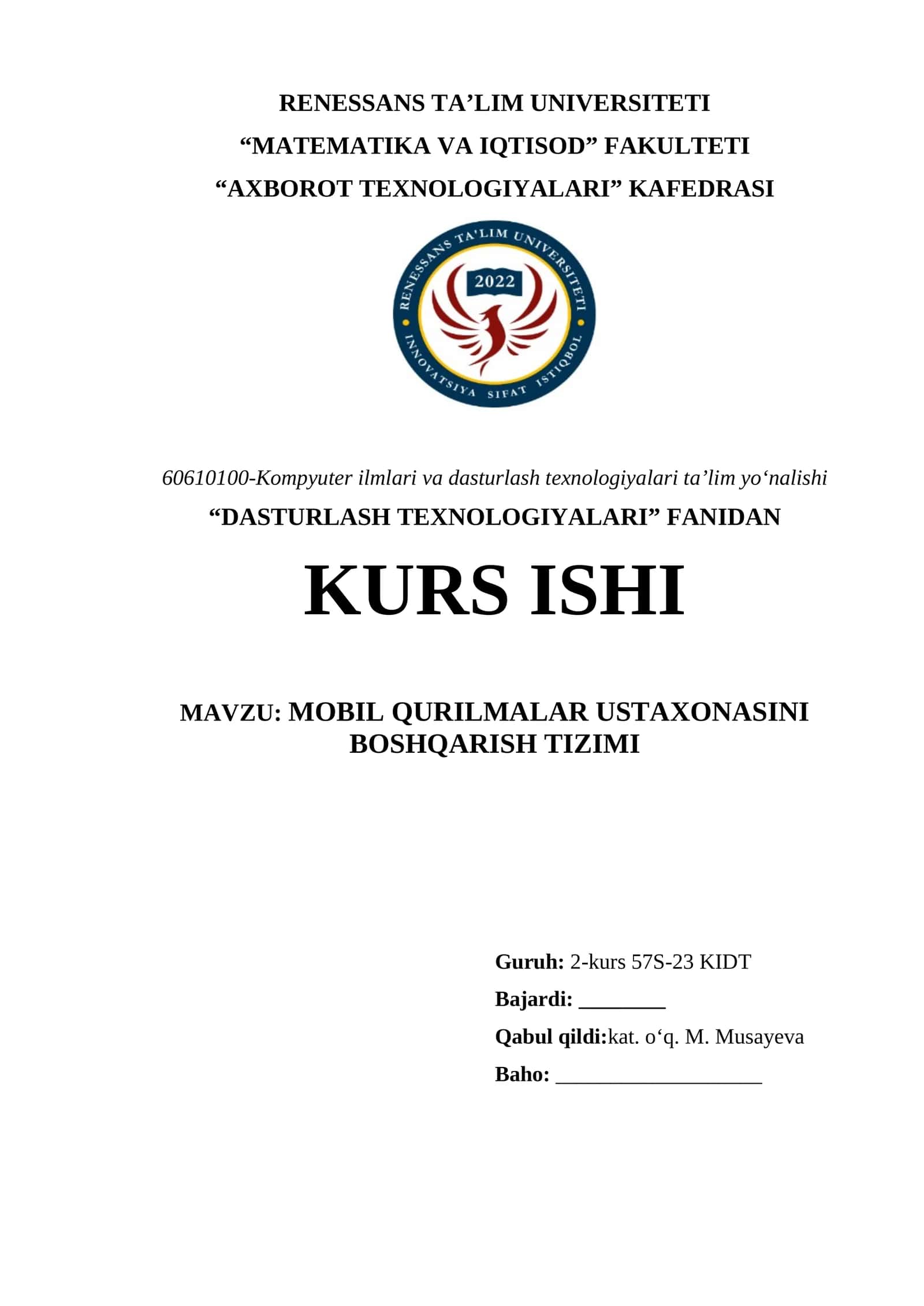 MOBIL QURILMALAR USTAXONASINI BOSHQARISH TIZIMI
