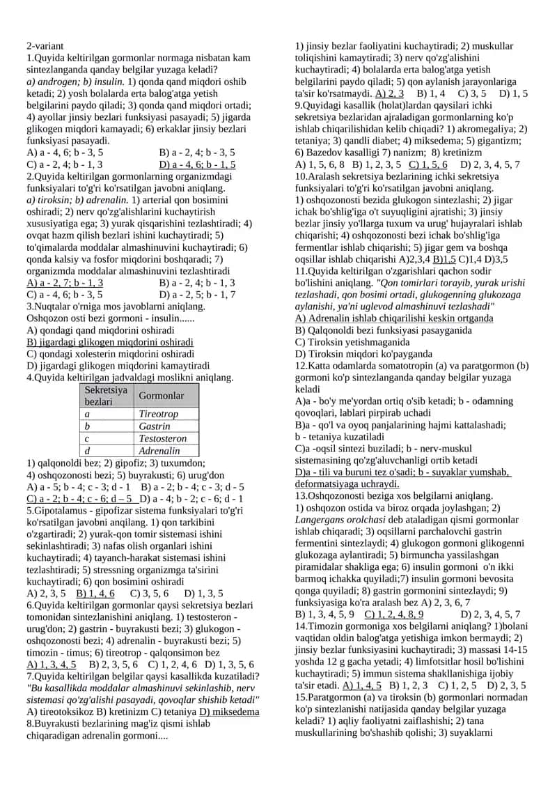 ichki sekretsiya bezlari test 2 qism