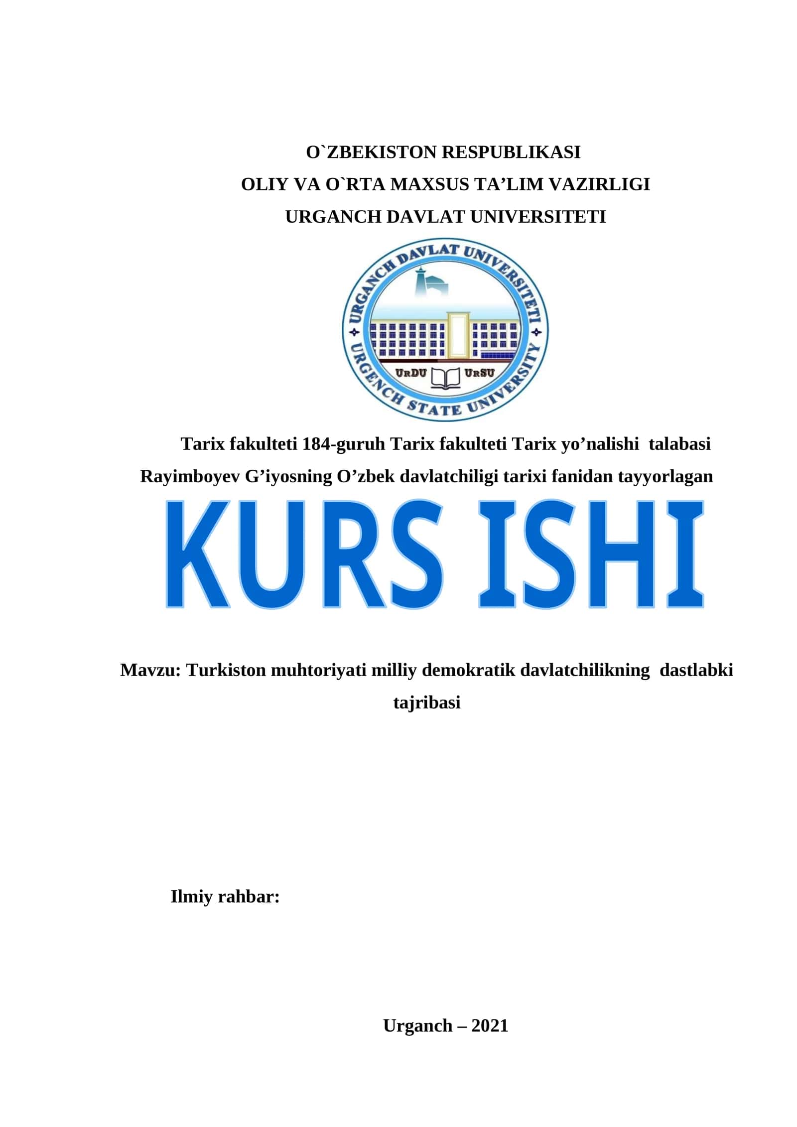 Turkiston muhtoriyati milliy demokratik davlatchilikning dastlabki tajribasi