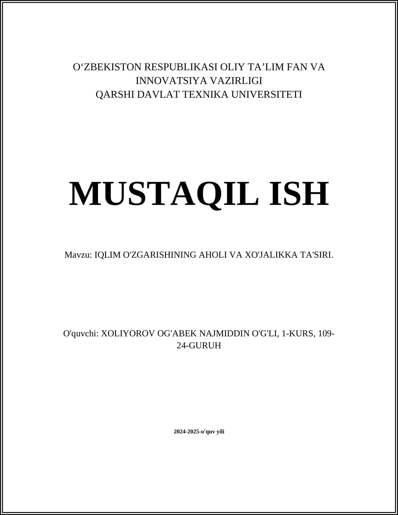 IQLIM O'ZGARISHINING AHOLI VA XO'JALIKKA TA'SIRI