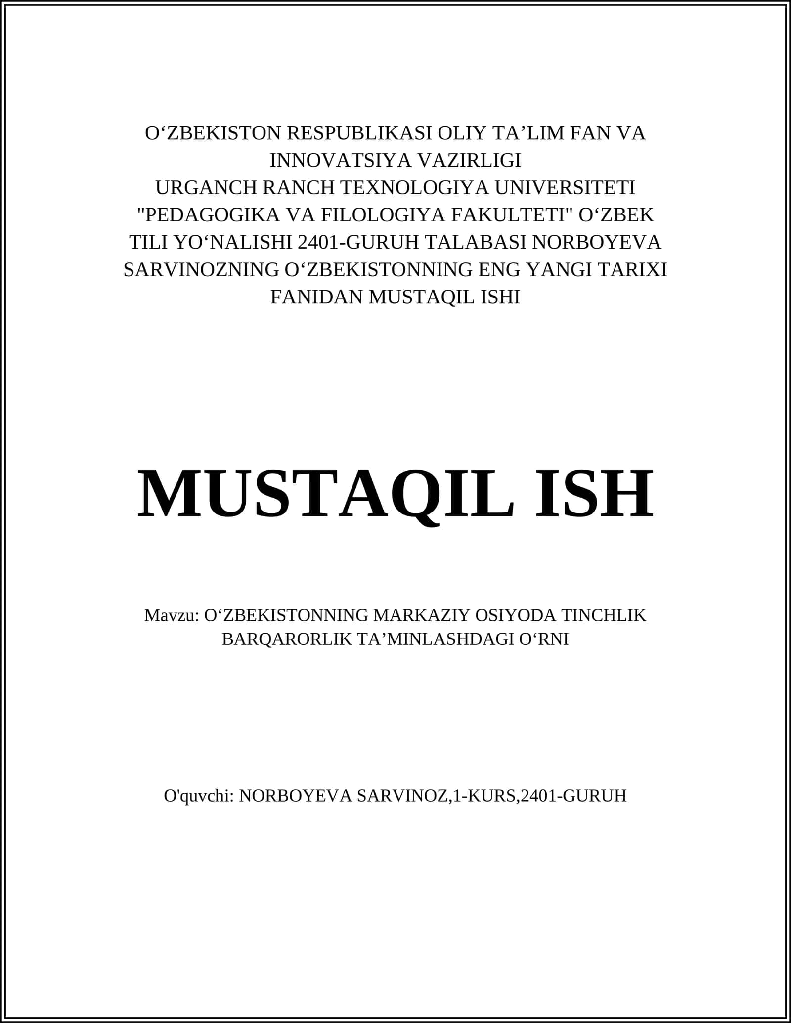 Oʻzbekistonning Eng Yangi Tarixi Fanidan Mustaqil Ish