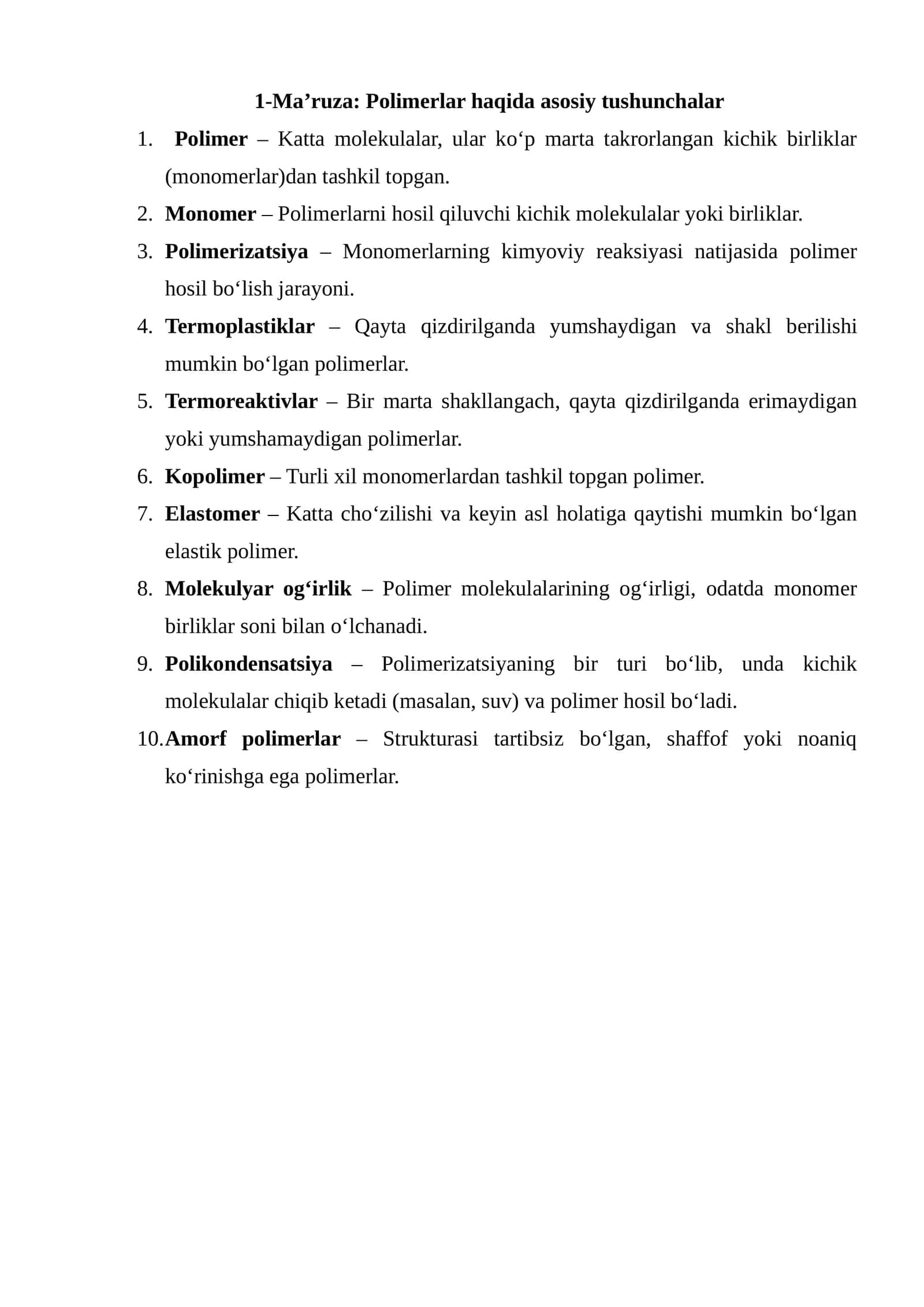 Polimerlar haqida asosiy tushunchalar