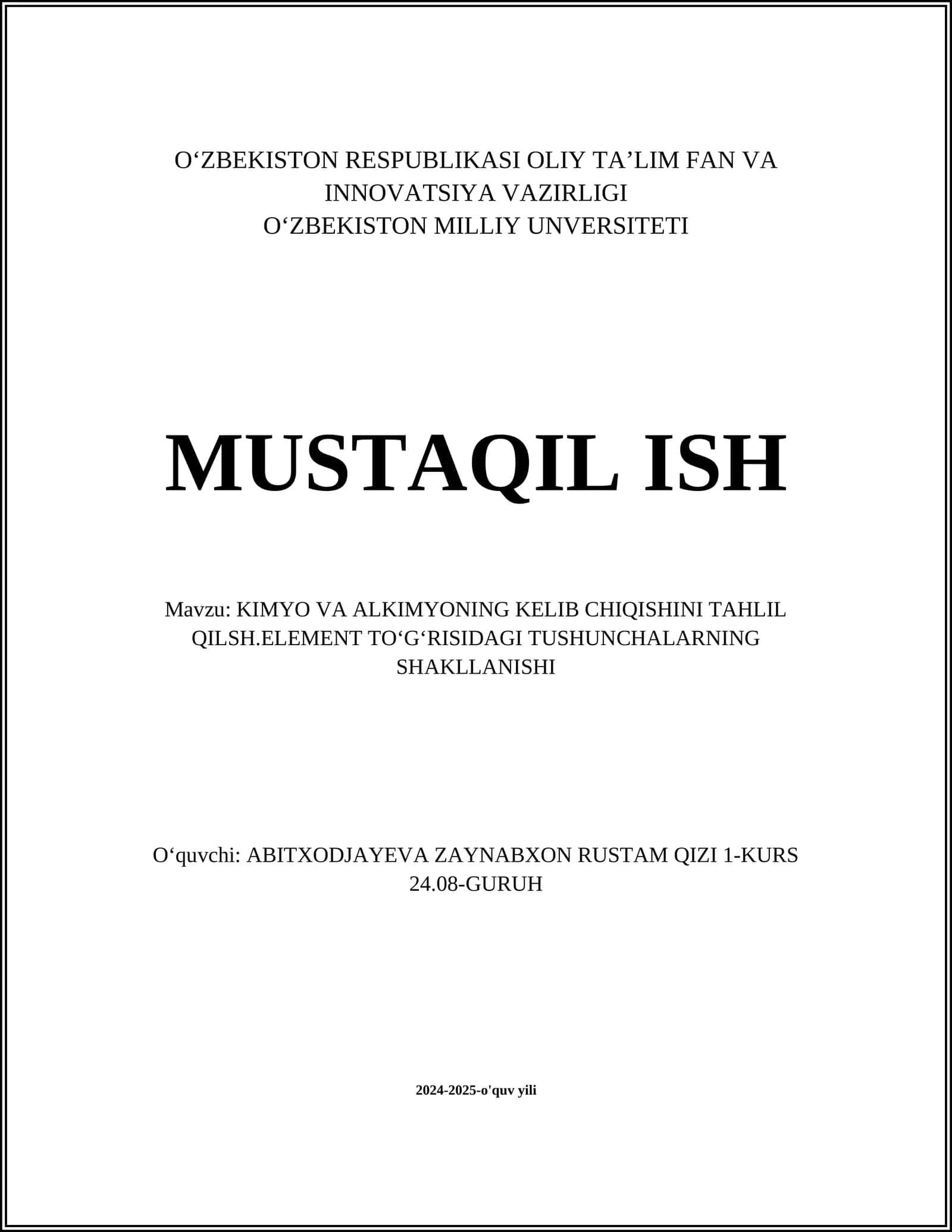 KIMYO VA ALKIMYONING KELIB CHIQISHINI TAHLIL QILSH.ELEMENT TOʻGʻRISIDAGI TUSHUNCHALARNING SHAKLLANISHI
