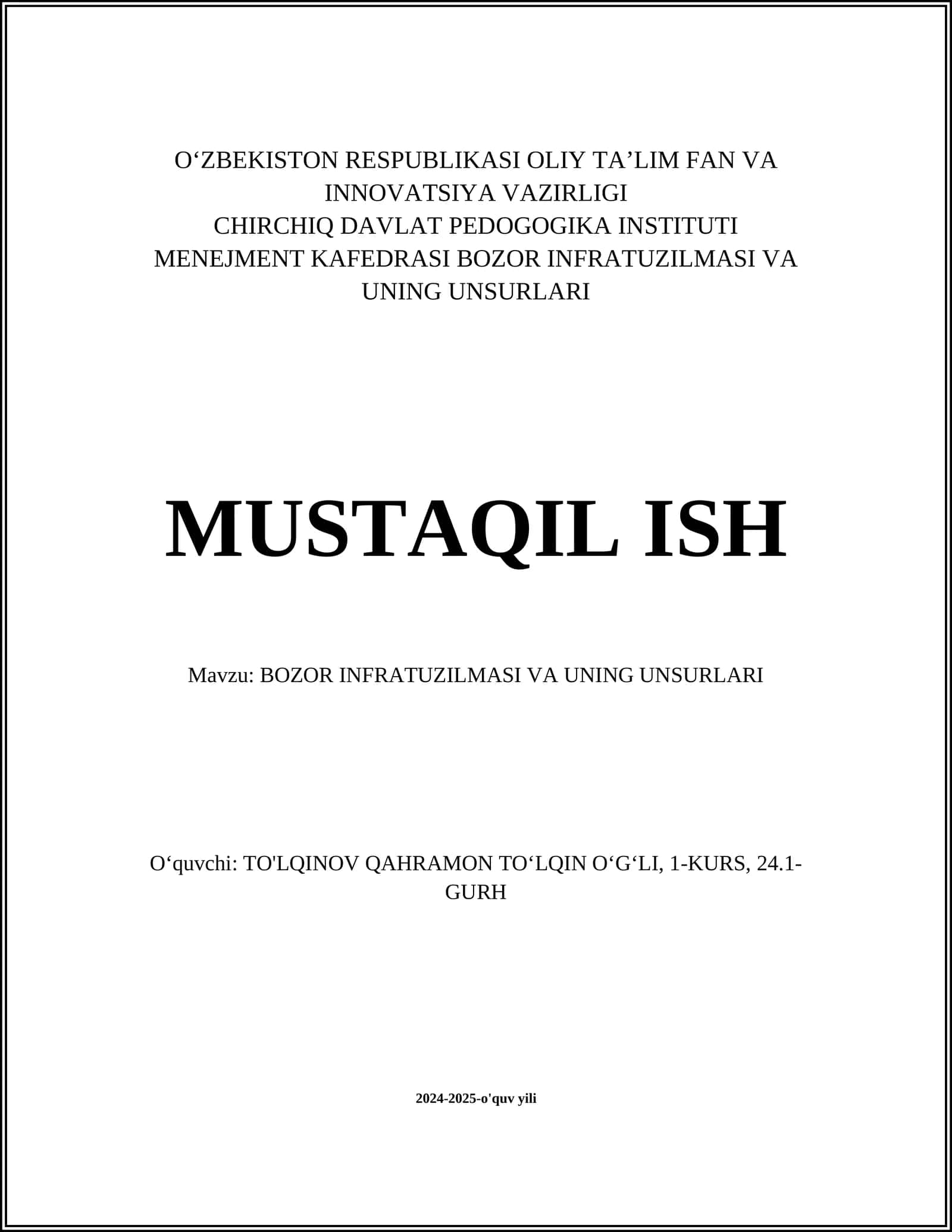BOZOR INFRATUZILMASI VA UNING UNSURLARI
