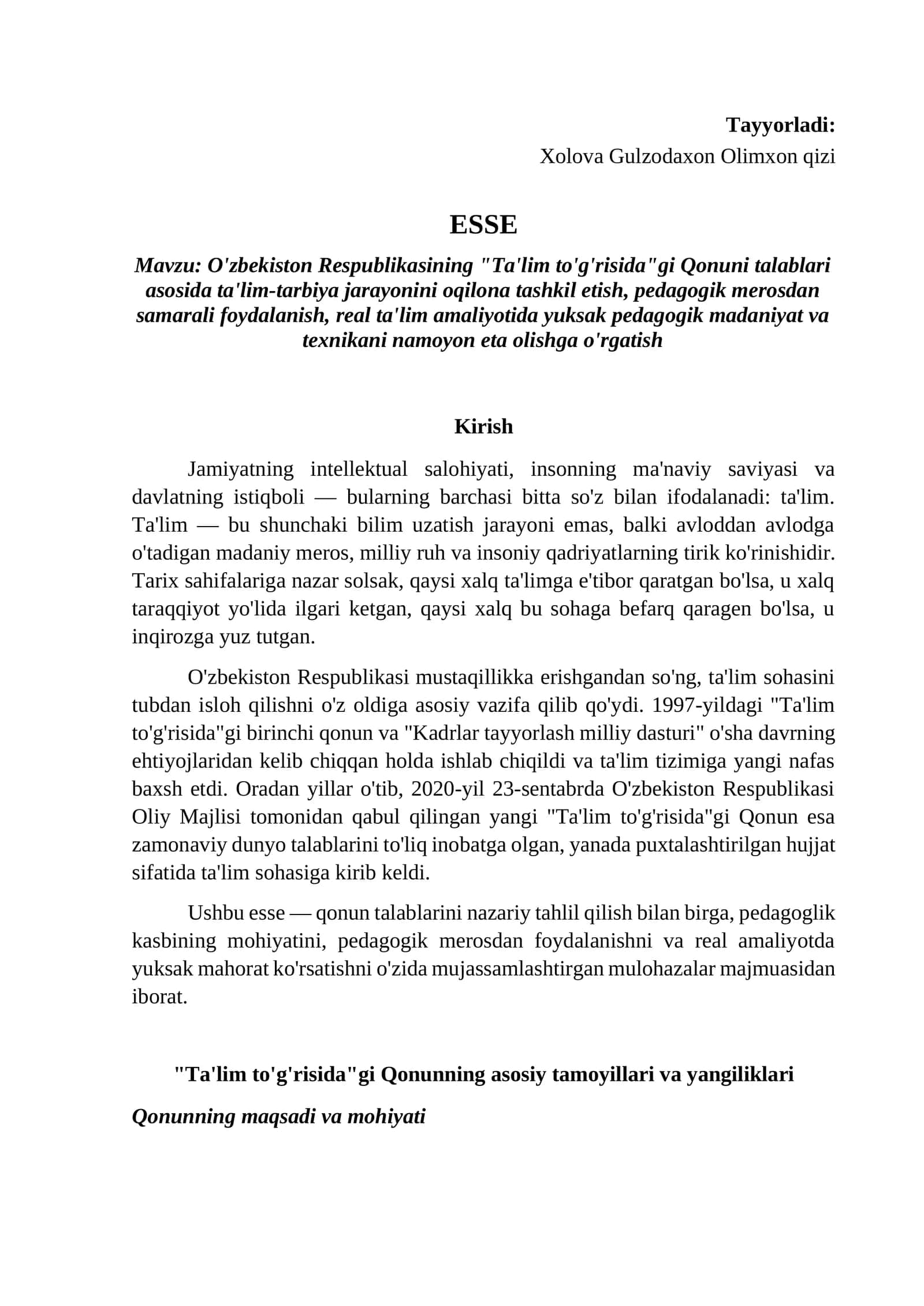 O'zbekiston Respublikasining "Ta'lim to'g'risida"gi Qonuni talablari asosida ta'lim-tarbiya jarayoni