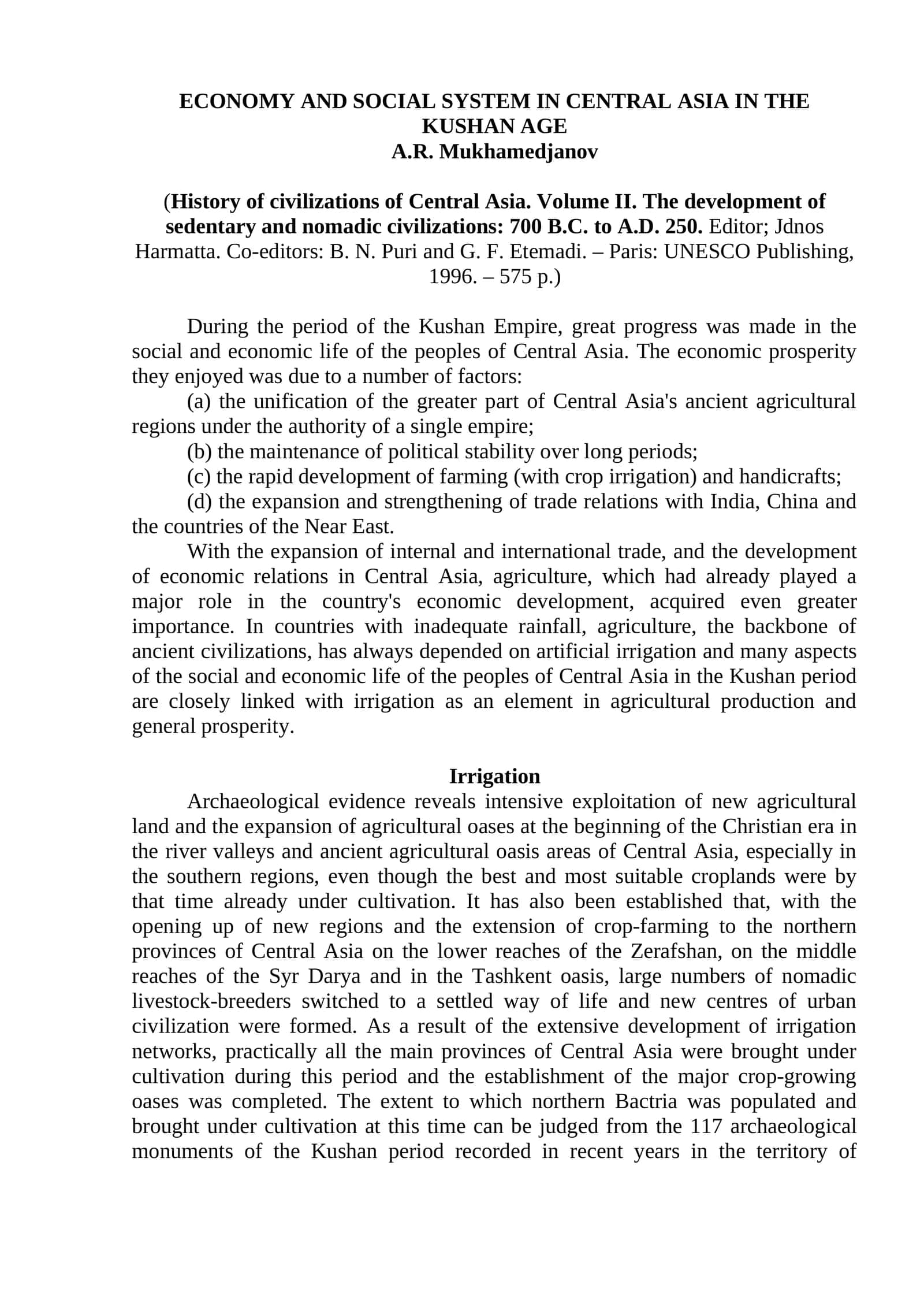 ECONOMY AND SOCIAL SYSTEM IN CENTRAL ASIA IN THE KUSHAN AGE