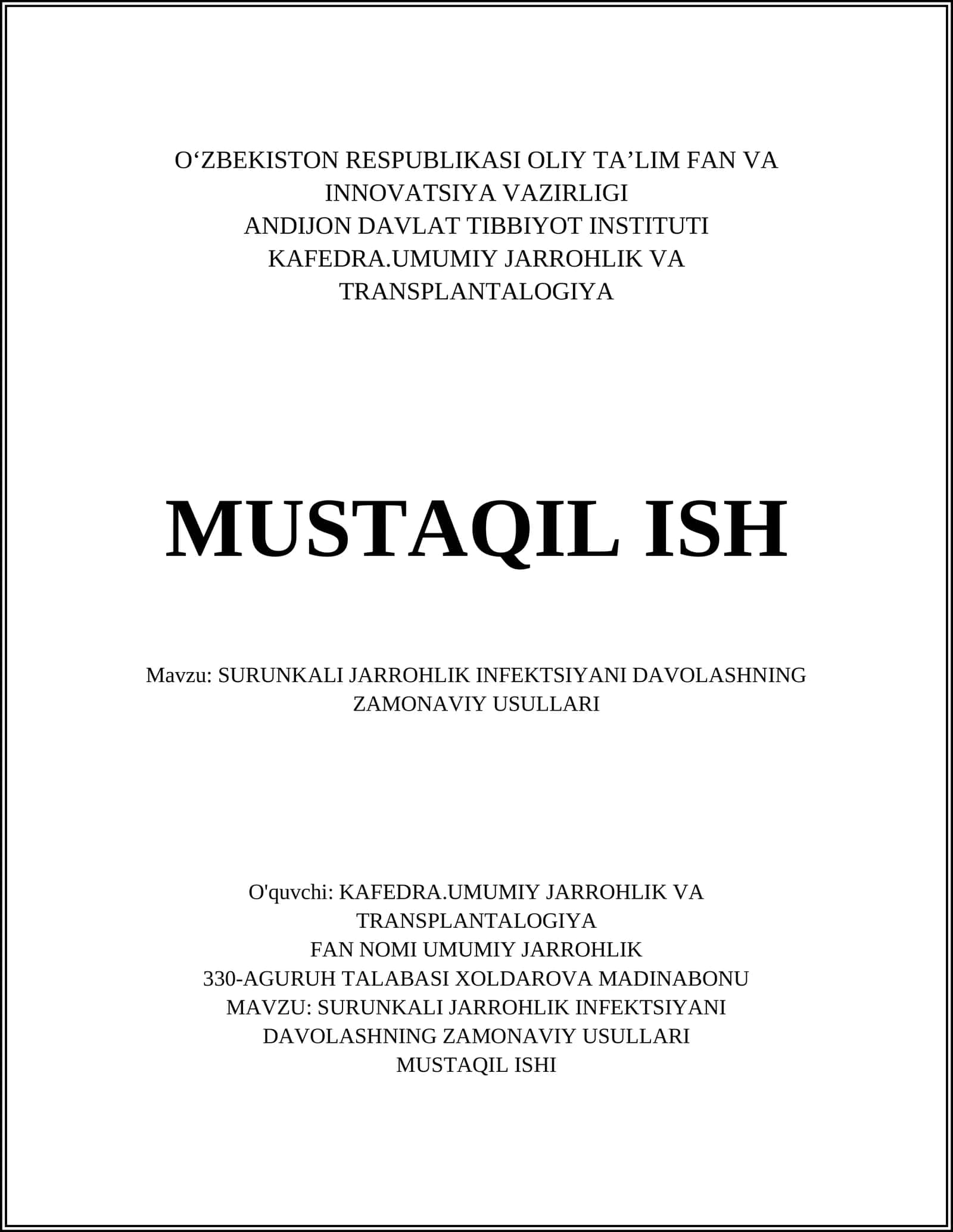 SURUNKALI JARROHLIK INFEKTSIYANI DAVOLASHNING ZAMONAVIY USULLARI