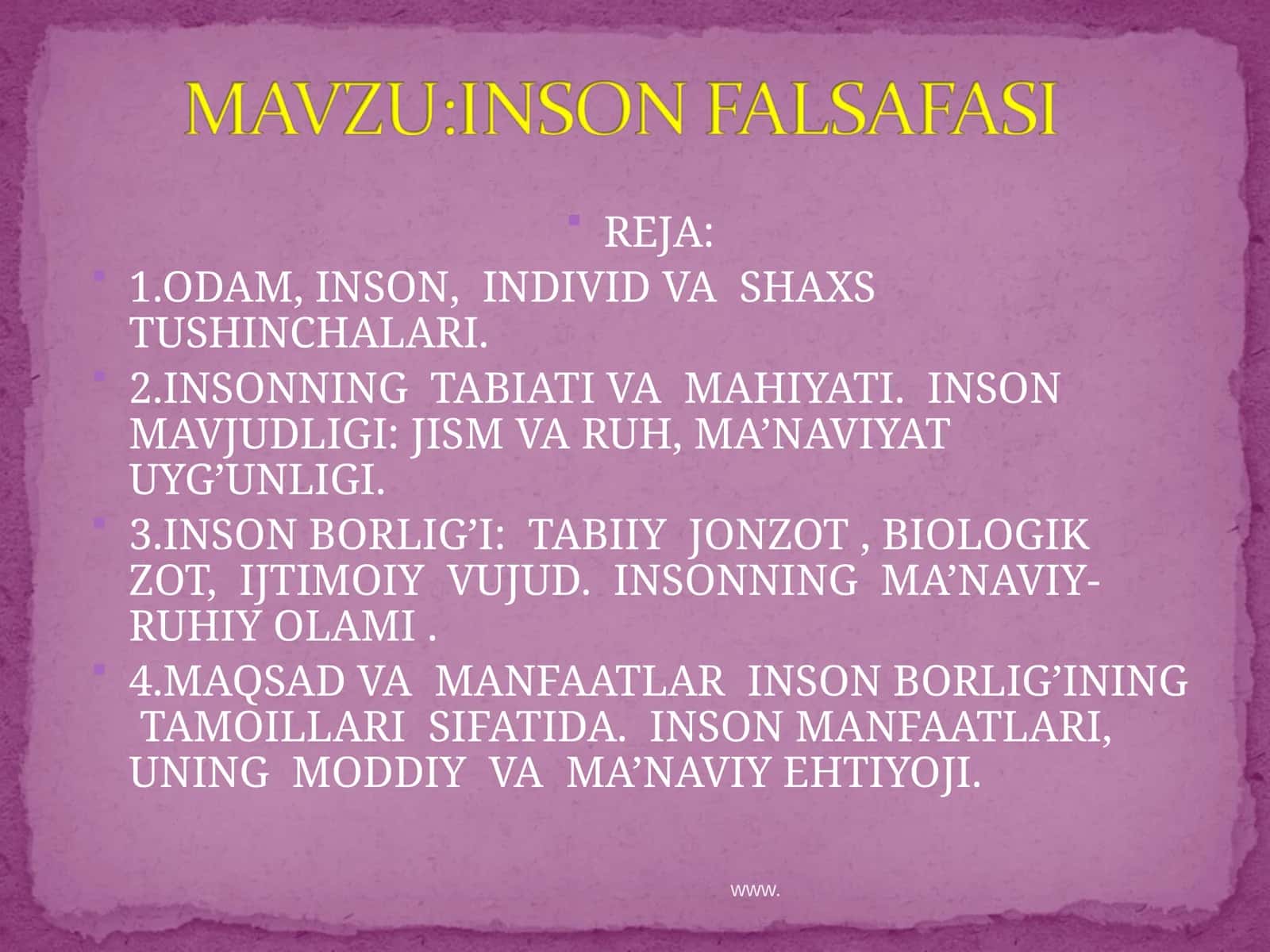 ODAM, INSON, INDIVID VA SHAXS TUSHINCHALARI