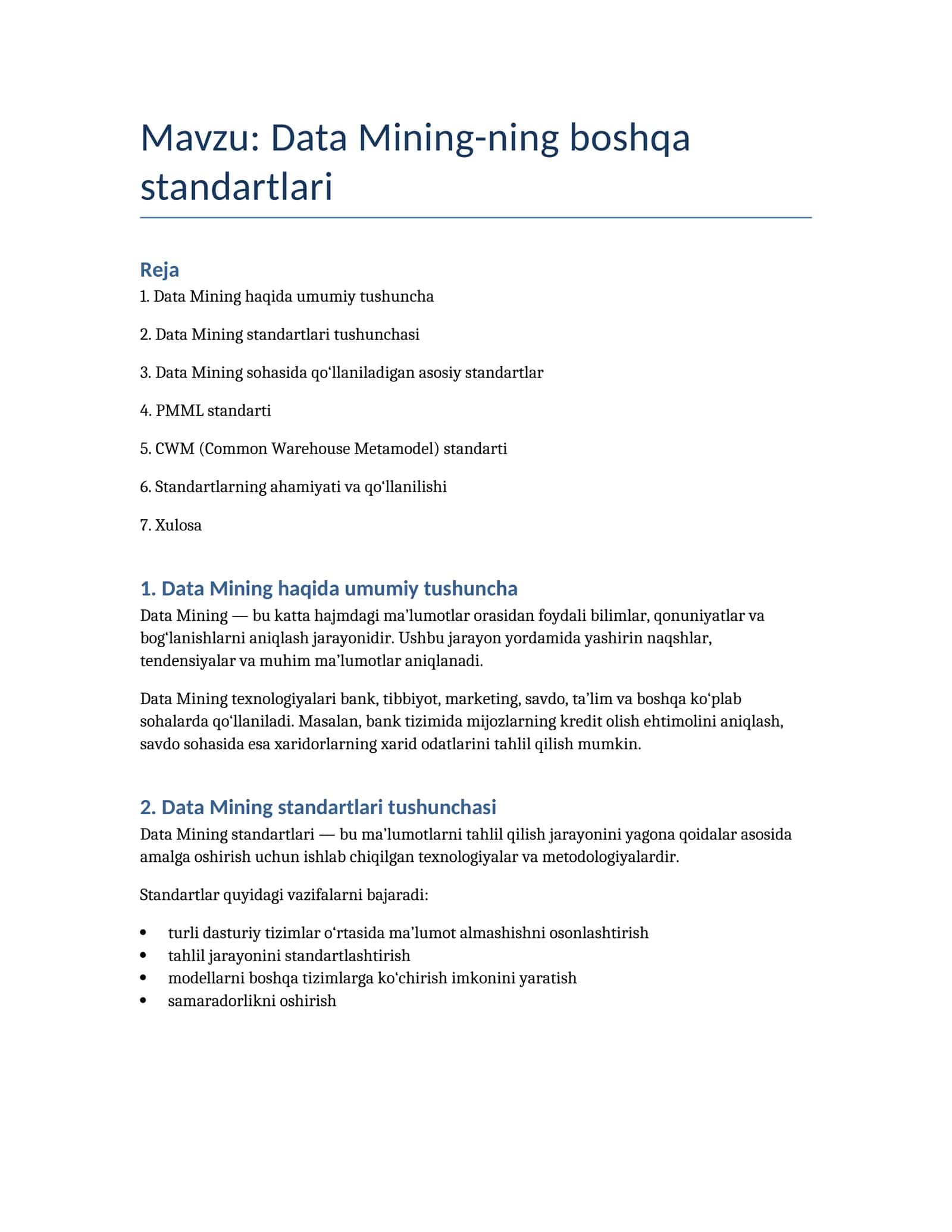 Data Mining-ning boshqa standartlari