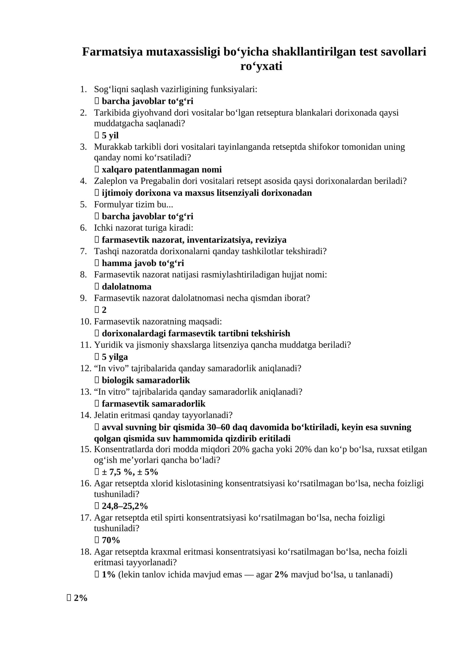Farmatsiya mutaxassisligi boʻyicha shakllantirilgan test savollari roʻyxati javoblari bilan