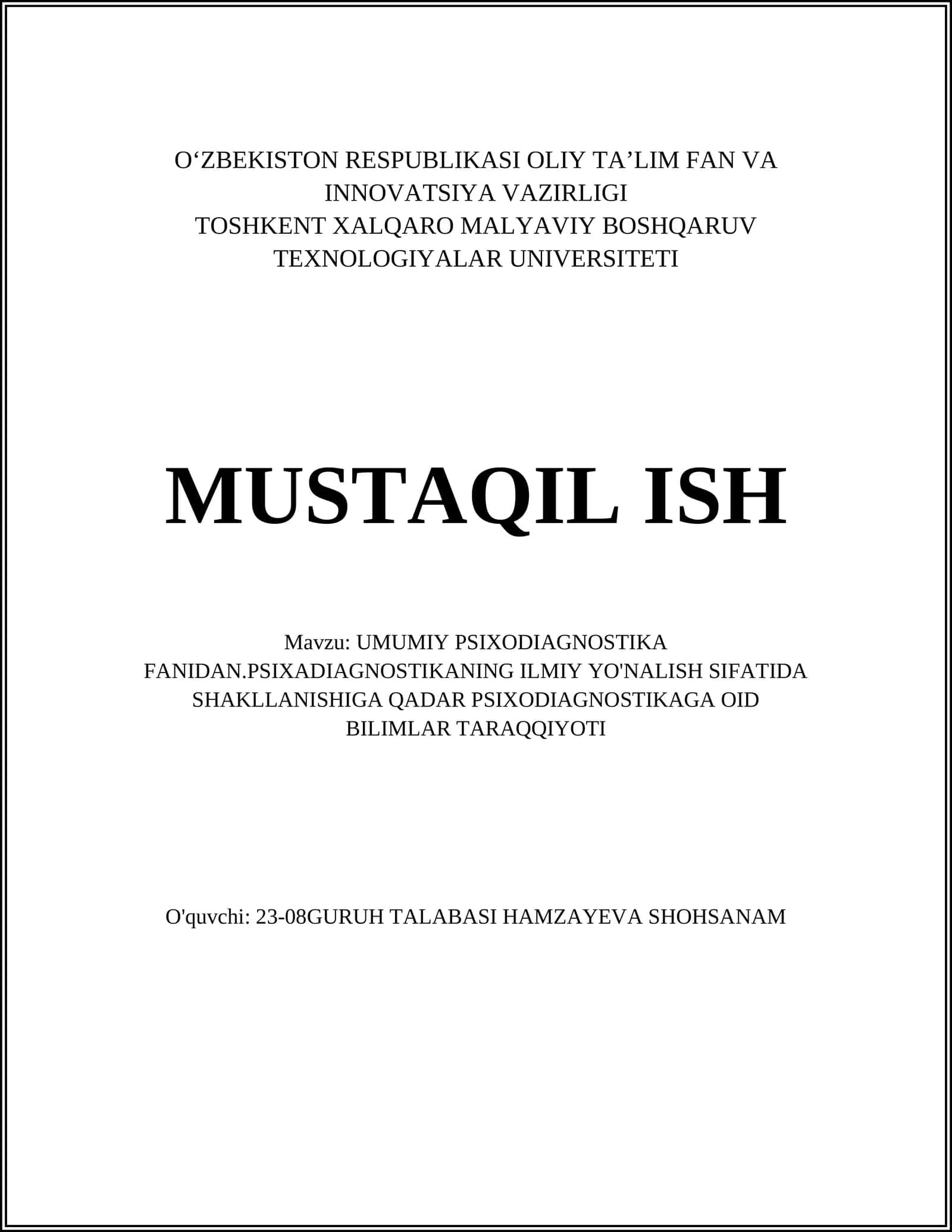 UMUMIY PSIXODIAGNOSTIKA FANIDAN