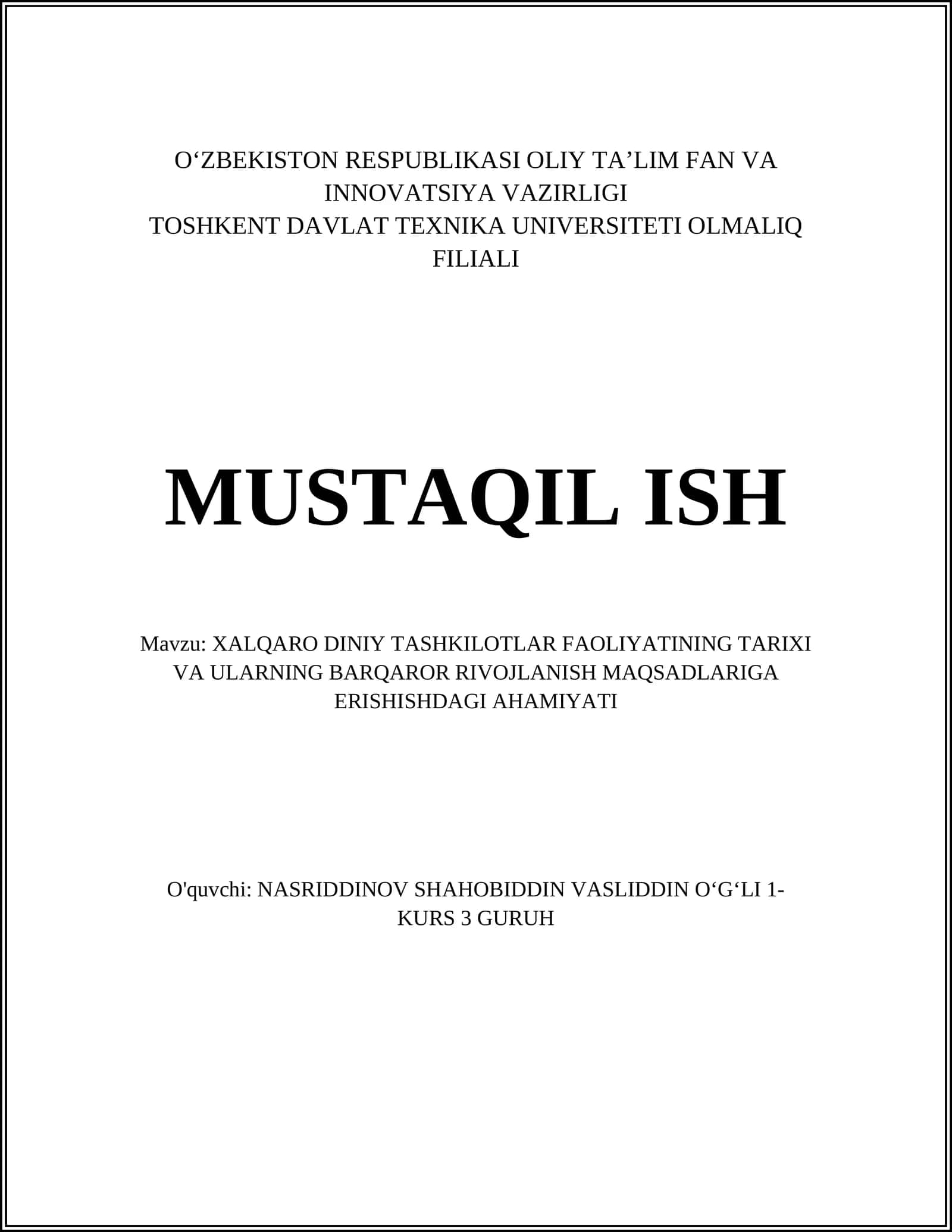 XALQARO DINIY TASHKILOTLAR FAOLIYATINING TARIXI VA ULARNING BARQAROR RIVOJLANISH MAQSADLARIGA ERISHISHDAGI AHAMIYATI