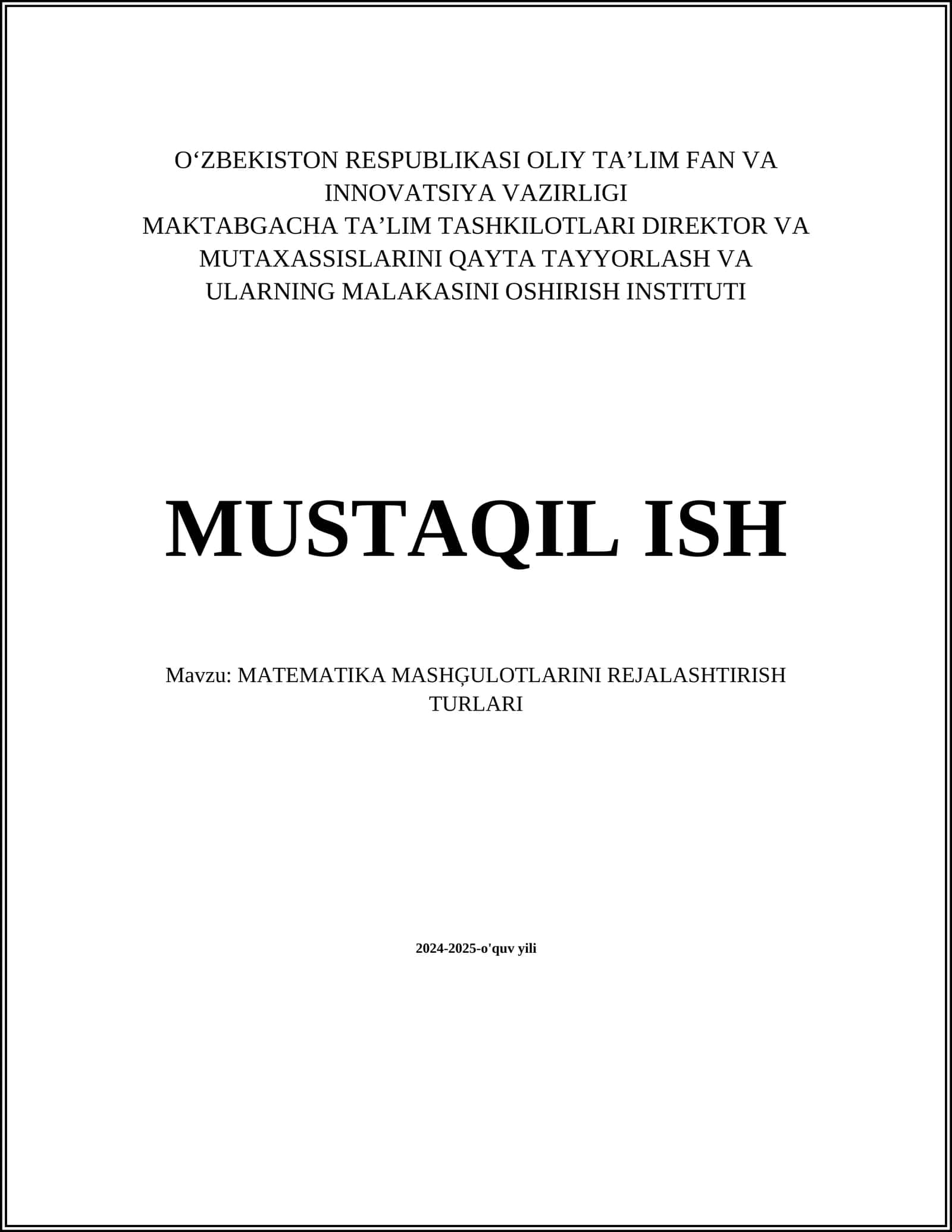 MATEMATIKA MASHĢULOTLARINI REJALASHTIRISH TURLARI