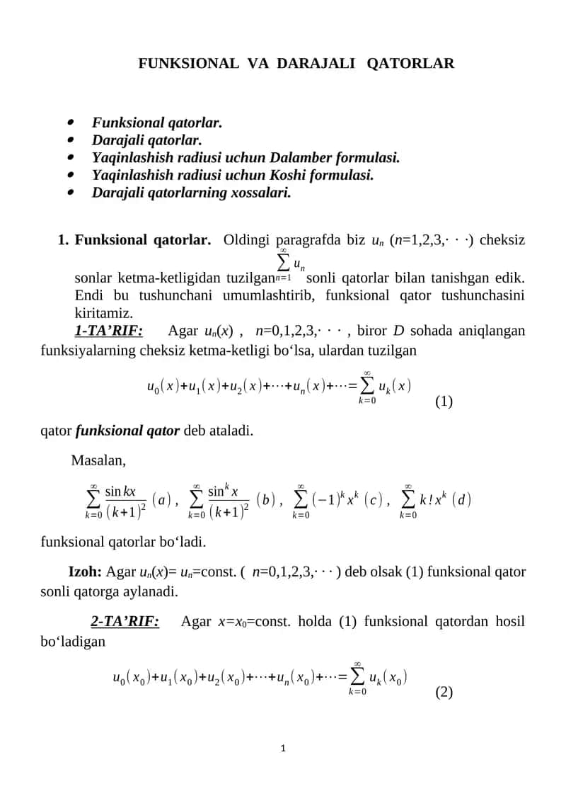 Funksional va DARAJALI QATORLAR