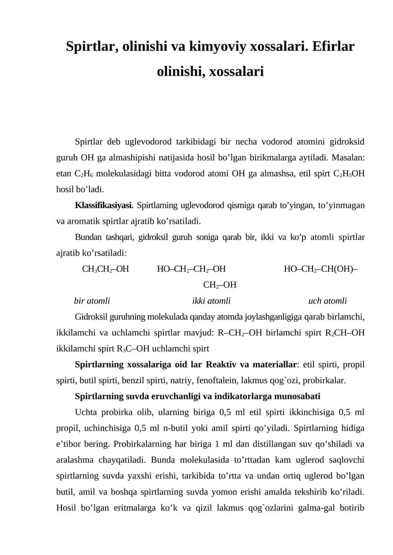 Spirtlar, olinishi va kimyoviy xossalari