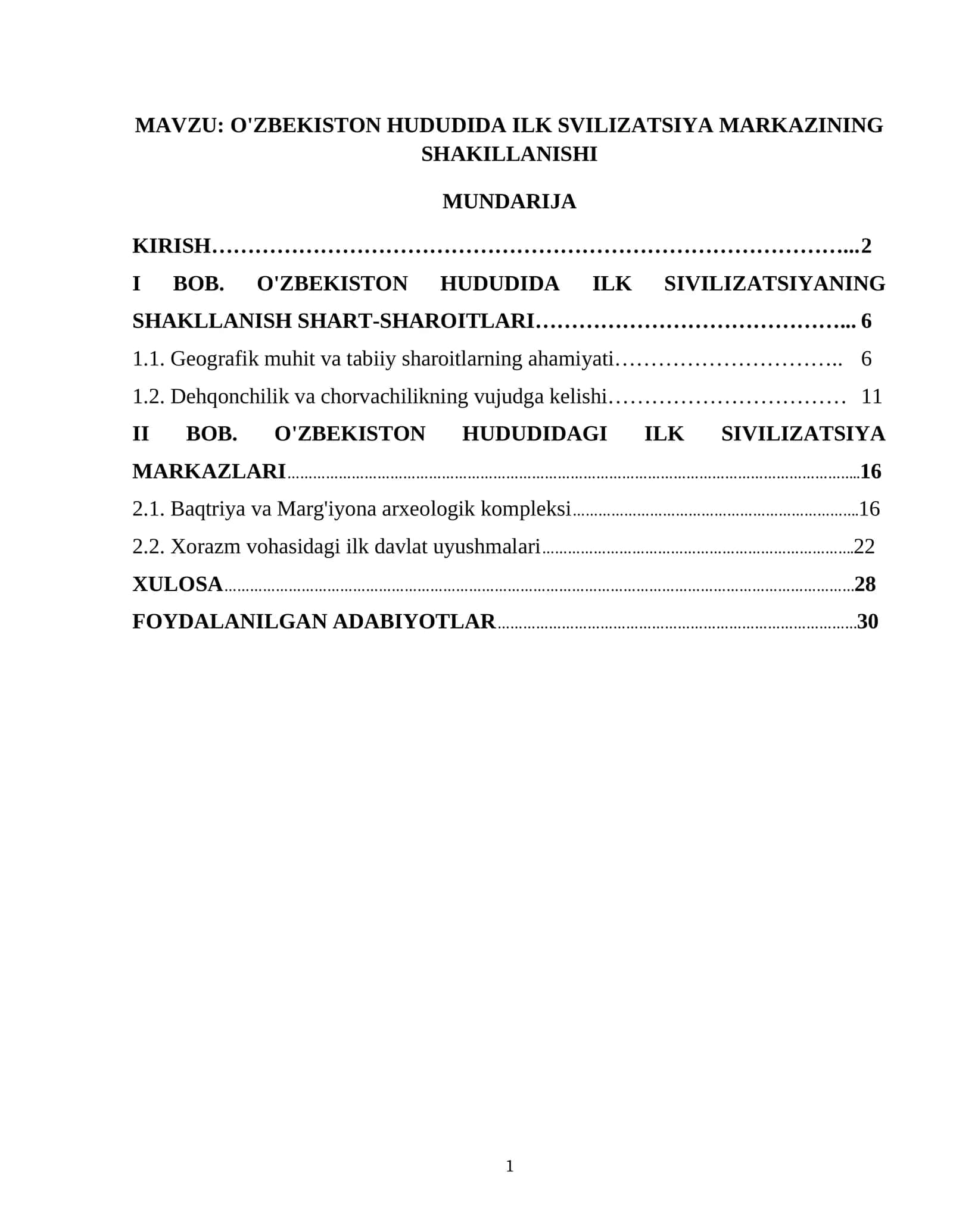O'ZBEKISTON HUDUDIDA ILK SVILIZATSIYA MARKAZINING SHAKILLANISHI