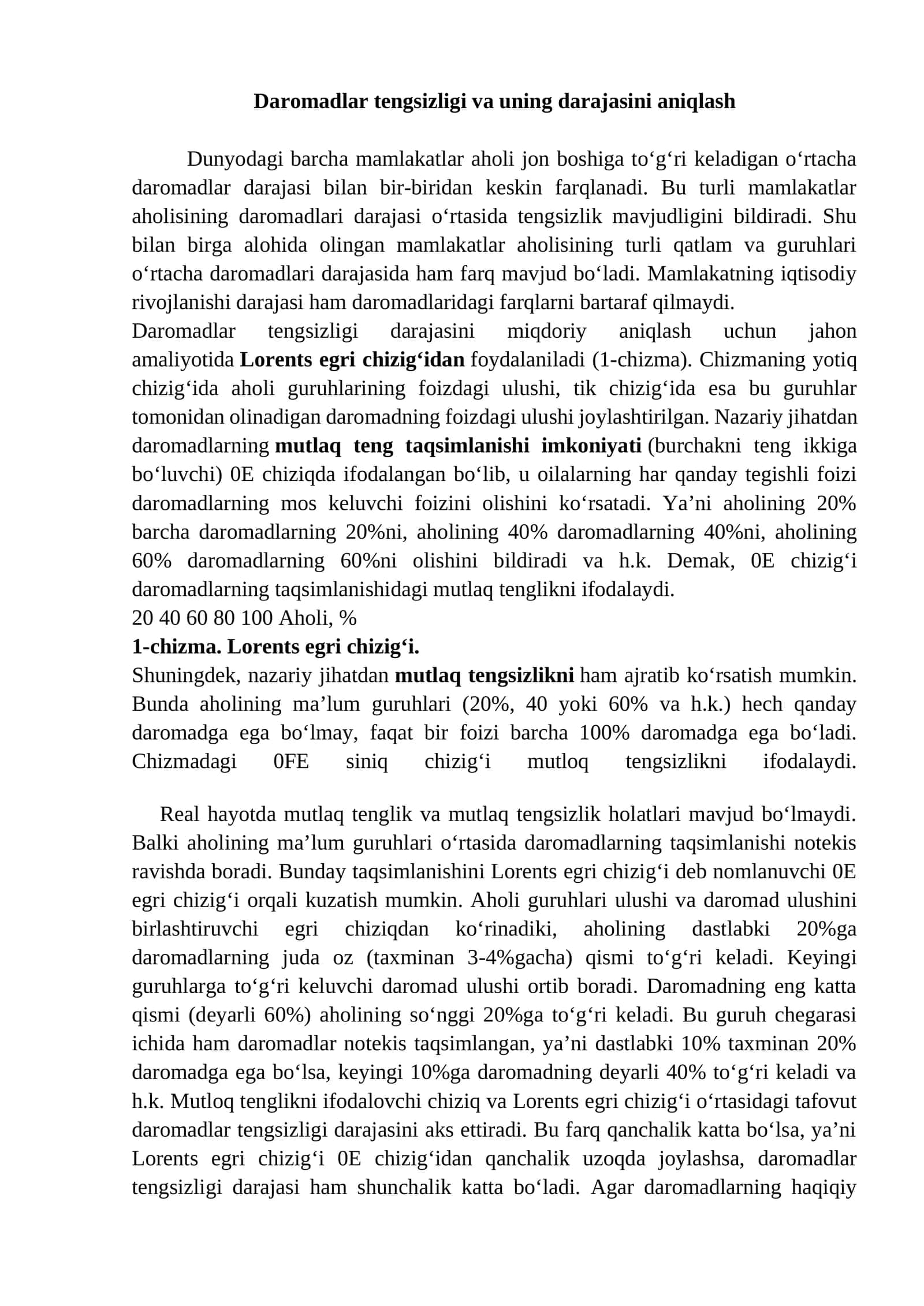 Daromadlar tengsizligi va uning darajasini aniqlash