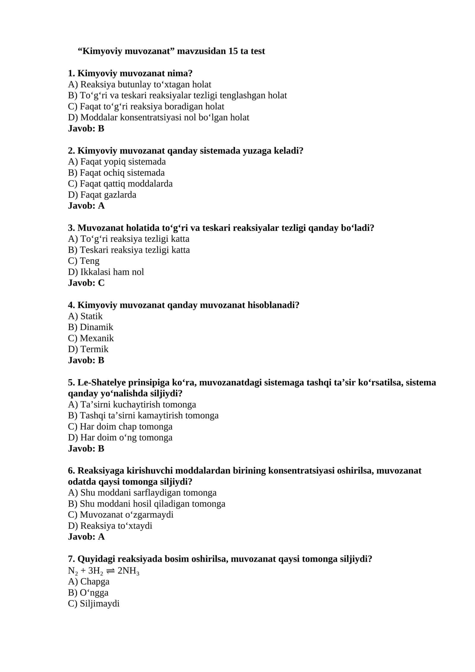 Kimyoviy muvozanat test