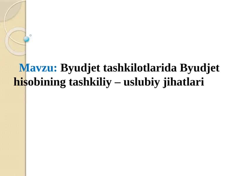 Byudjet tashkilotlarida Byudjet hisobining tashkiliy-uslubiy jihatlari