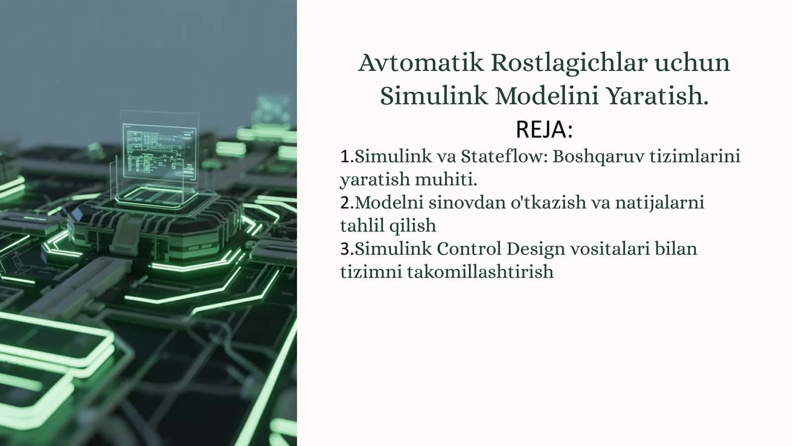 Avtomatik Rostlagichlar uchun Simulink Modelini Yaratish