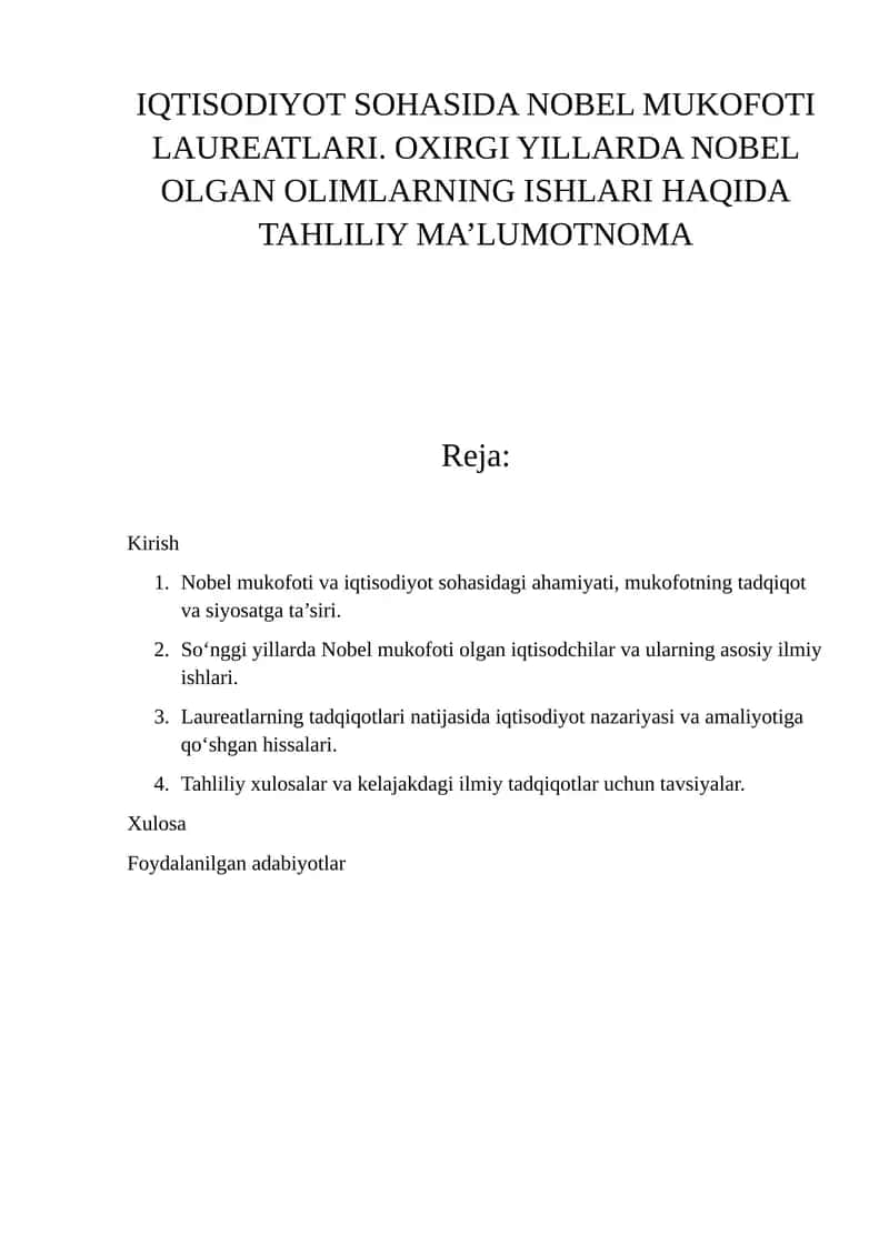 IQTISODIYOT SOHASIDA NOBEL MUKOFOTI LAUREATLARI