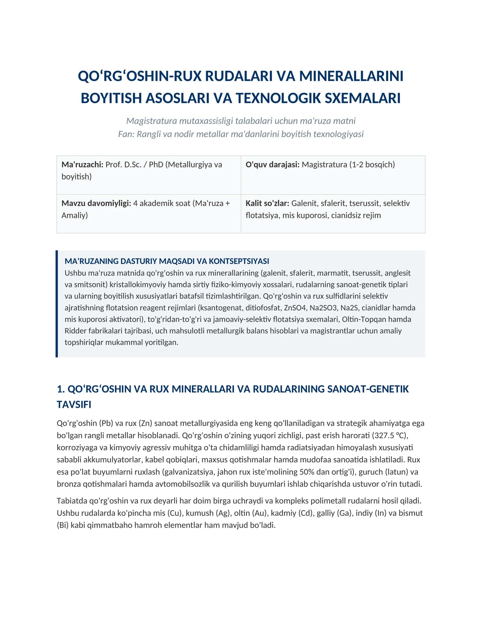 Qo‘rg‘oshin-rux rudalarini boyitish asoslari | Magistratura ma'ruza matni