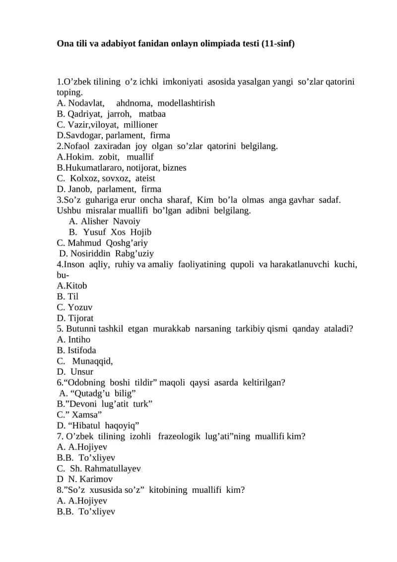 Ona tili va adabiyot fanidan onlayn olimpiada testi (11-sinf)