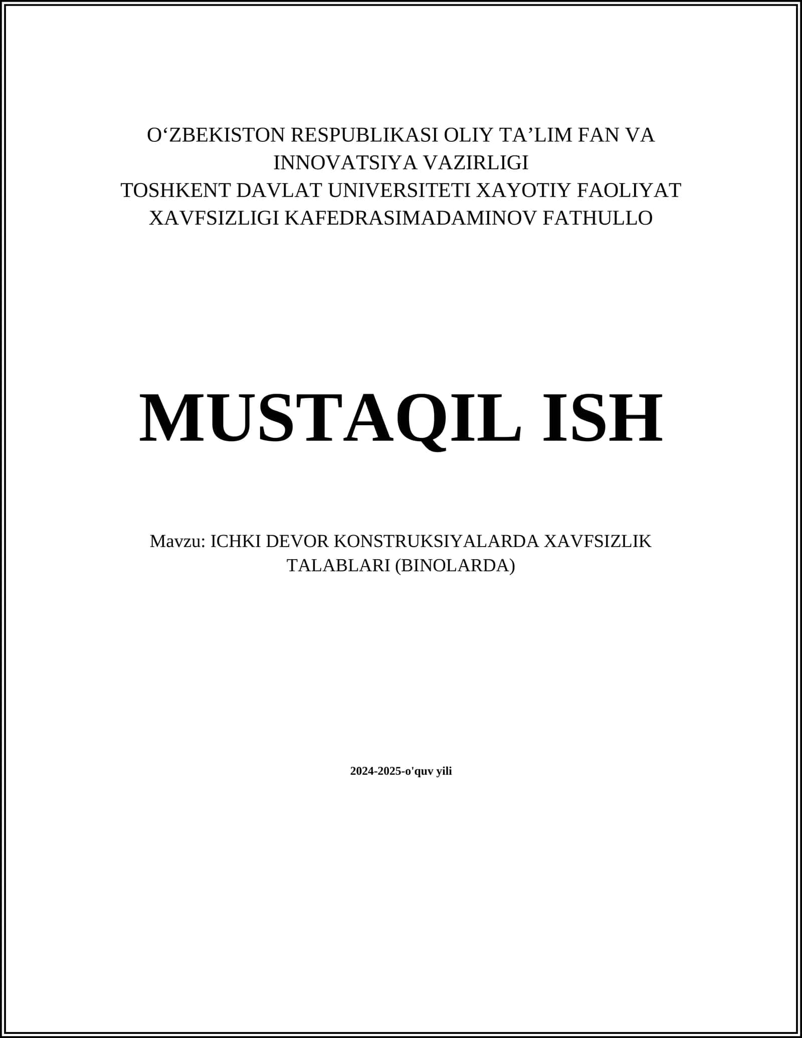 Ichki devor konstruksiyalarida xavfsizlik talablari (binolarda)