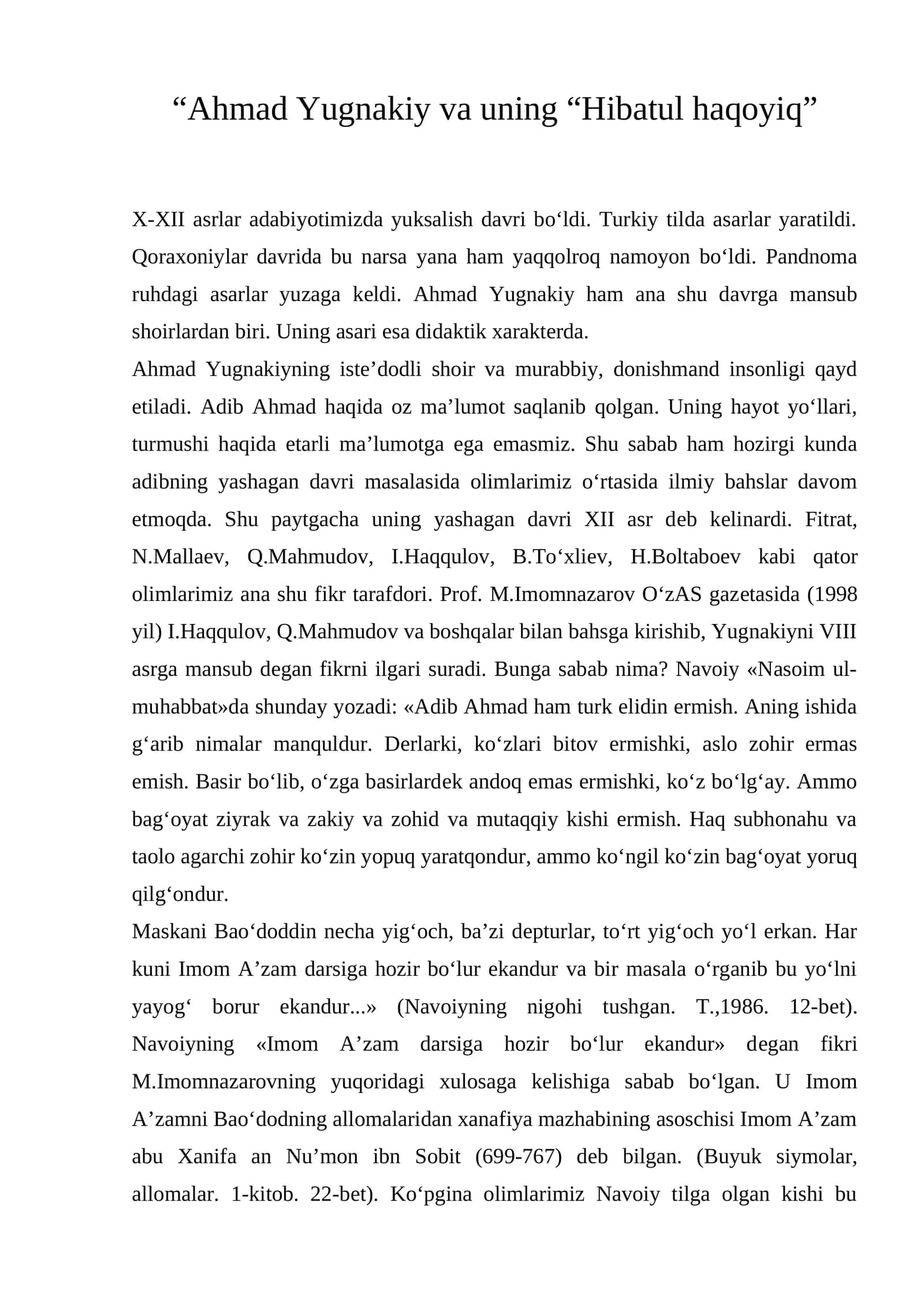 “Ahmad Yugnakiy va uning “Hibatul haqoyiq”