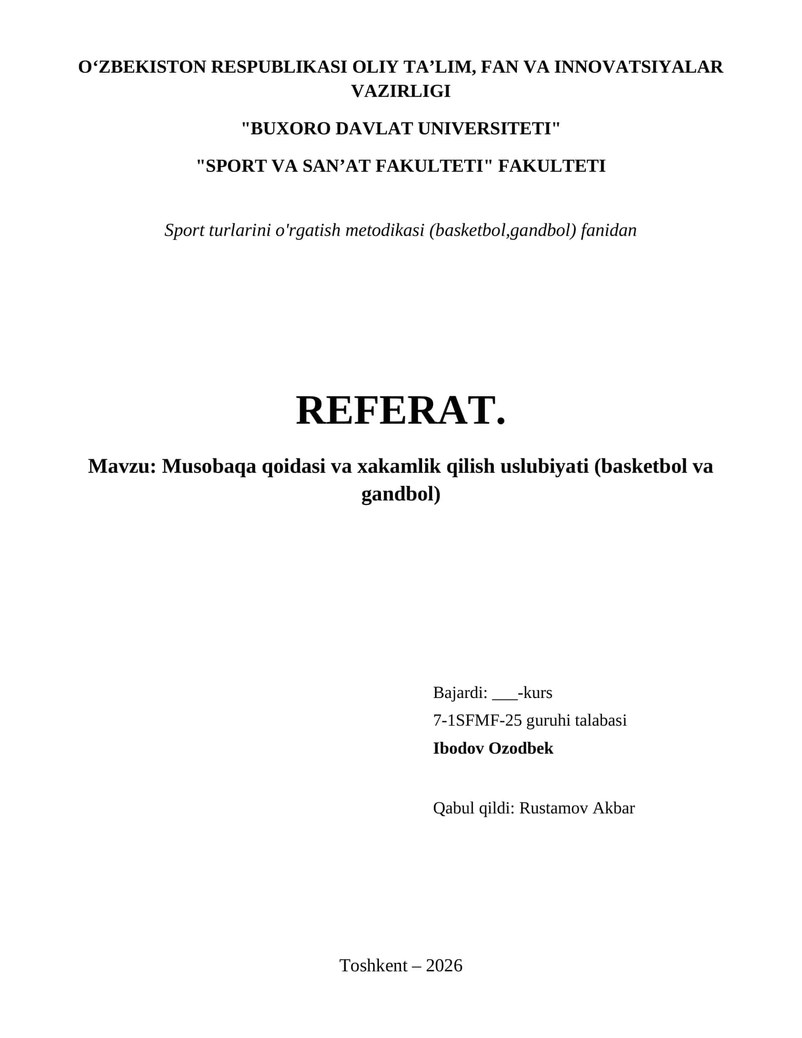 Musobaqa qoidasi va xakamlik qilish uslubiyati (basketbol va gandbol)