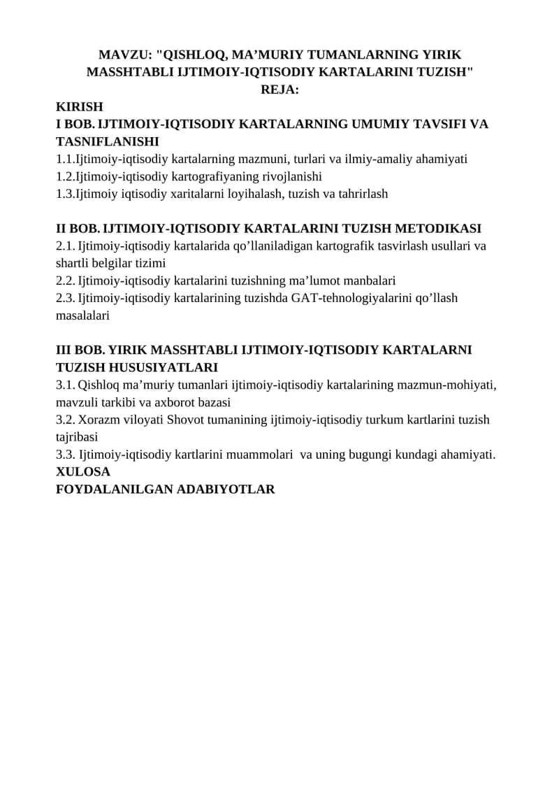 QISHLOQ, MA’MURIY TUMANLARNING YIRIK MASSHTABLI IJTIMOIY-IQTISODIY KARTALARINI TUZISH